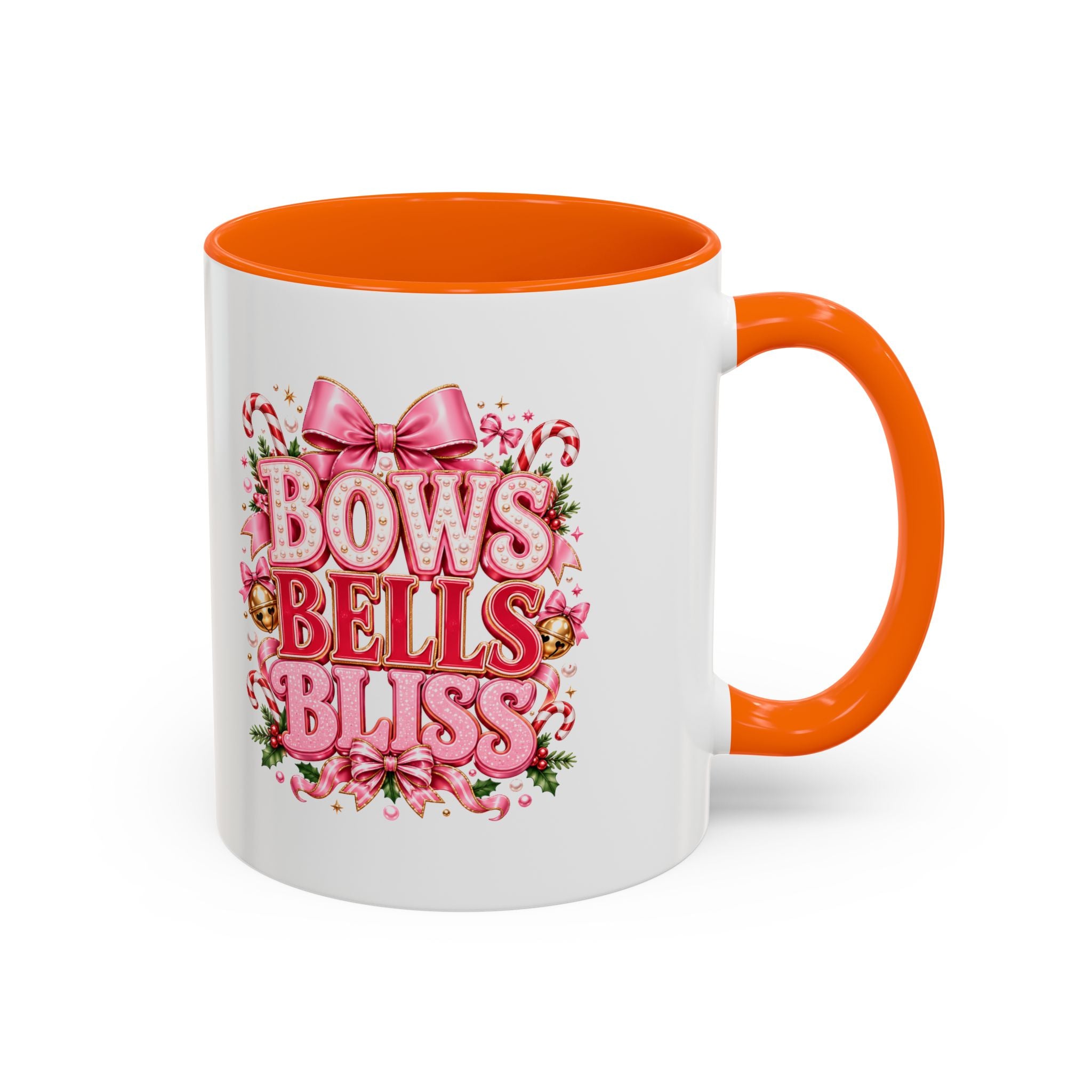 Modern Day Christmas Bows Bells Bliss Coffee Mug — Pink Holiday Accent Mug