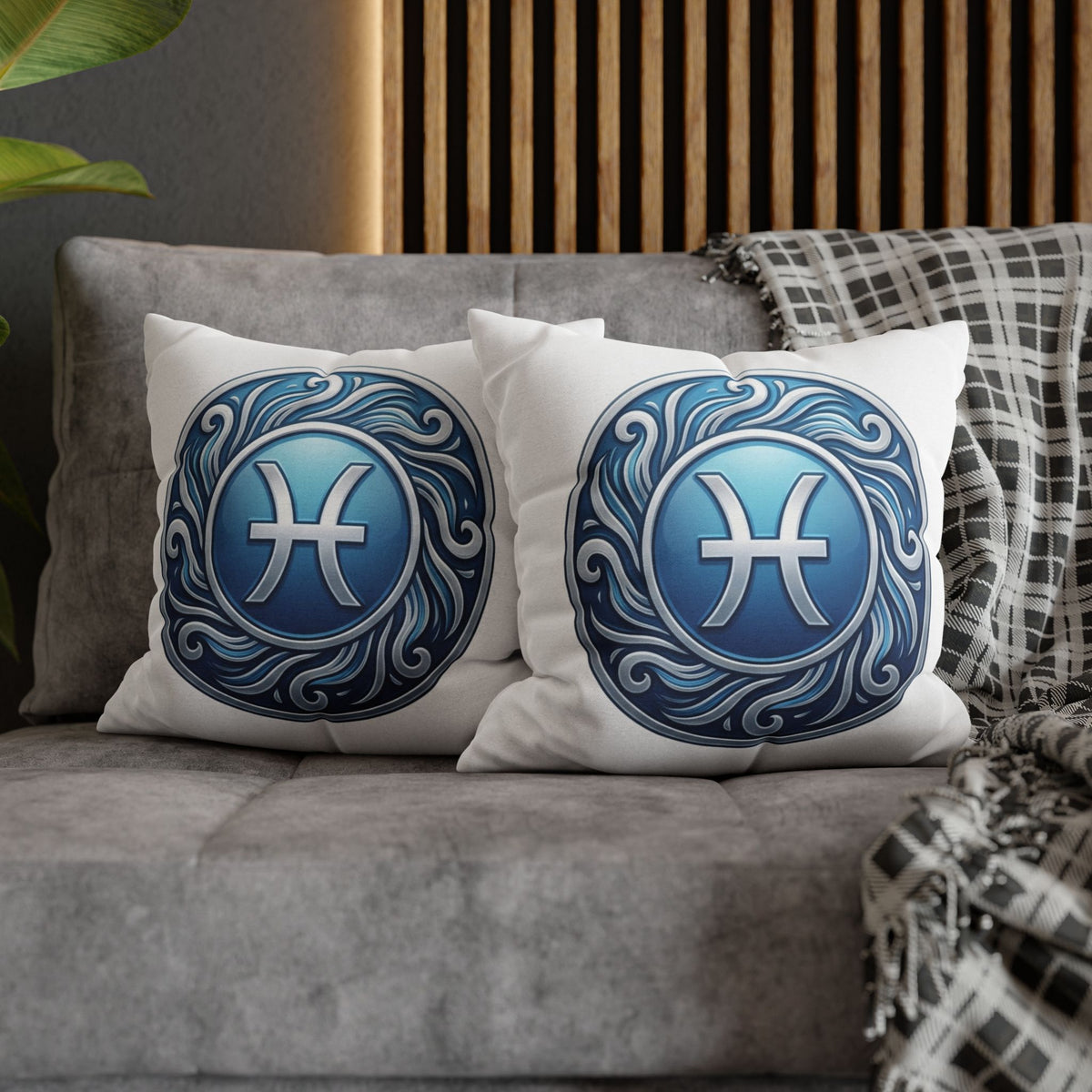 Pisces Zodiac Pillow Cover — Blue Astrological Symbol Decorative Throw Pillowcase