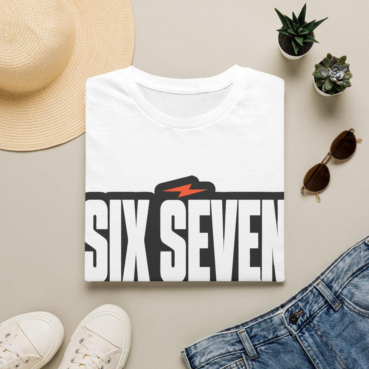 Six Seven Energy Retro Badge Tee - Bold Lightning Slogan Graphic T-Shirt - Trending Now - September 2026