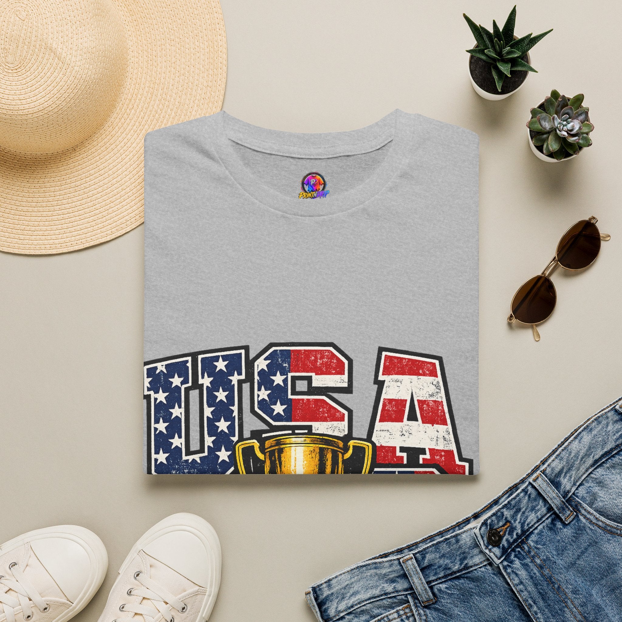 USA Trophy T-Shirt — Patriotic American Flag Graphic Tee