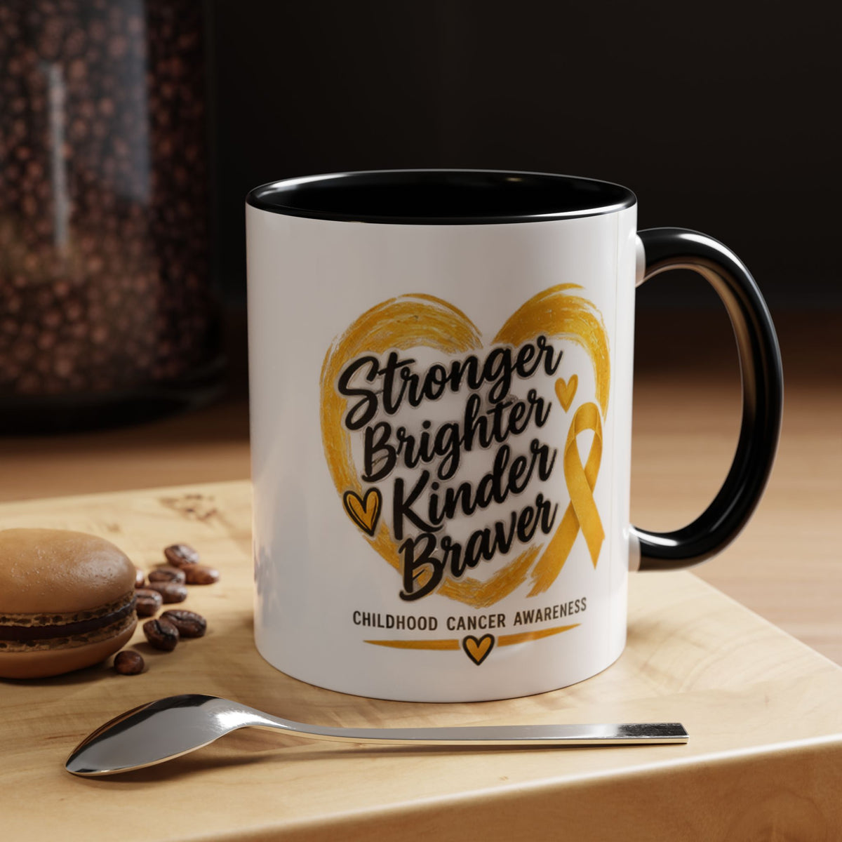 Childhood Cancer Awareness Accent Coffee Mug — "Stronger Brighter Kinder Braver"