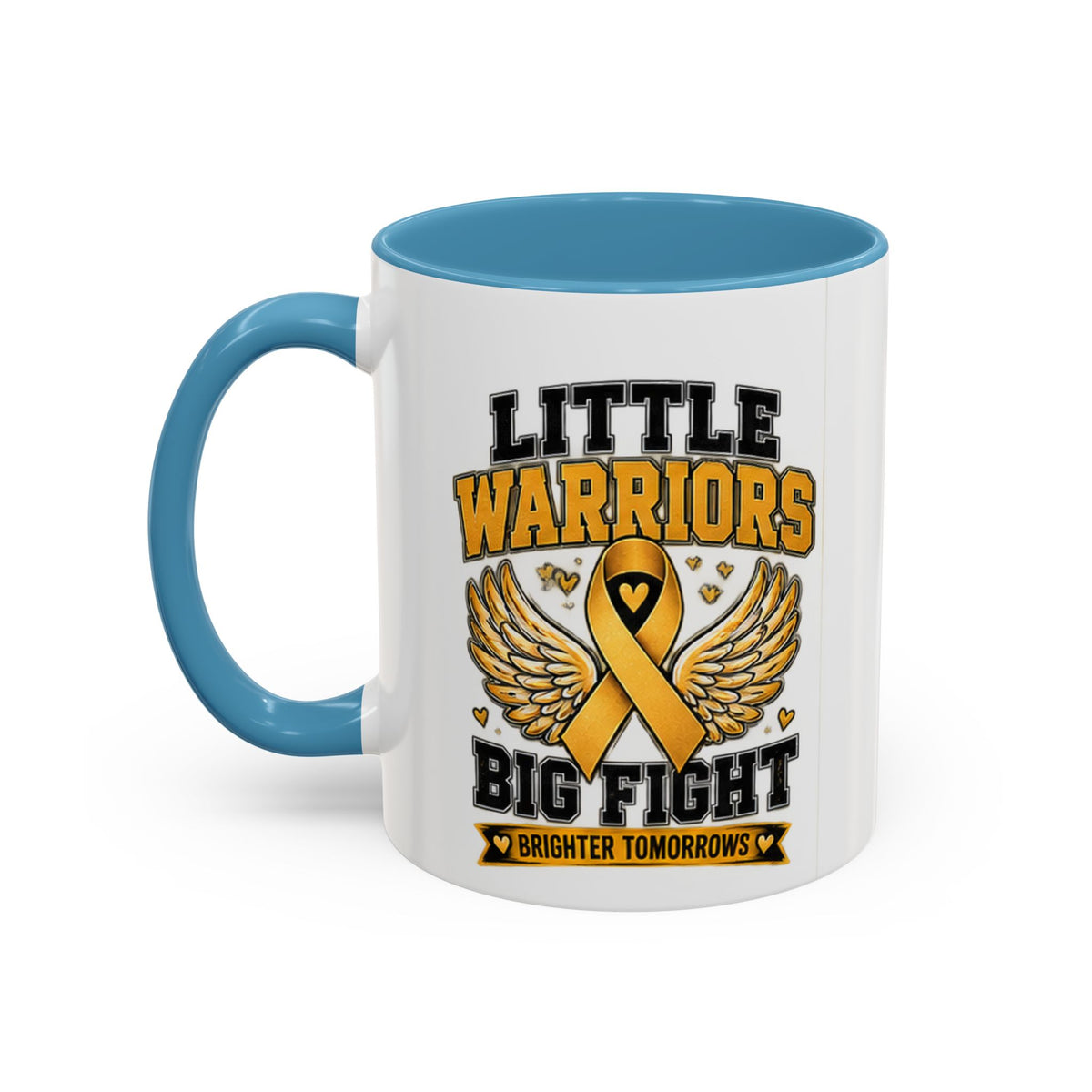 Little Warriors Big Fight Childhood Cancer Awareness Coffee Mug — Gold Ribbon Support Accent Mug
