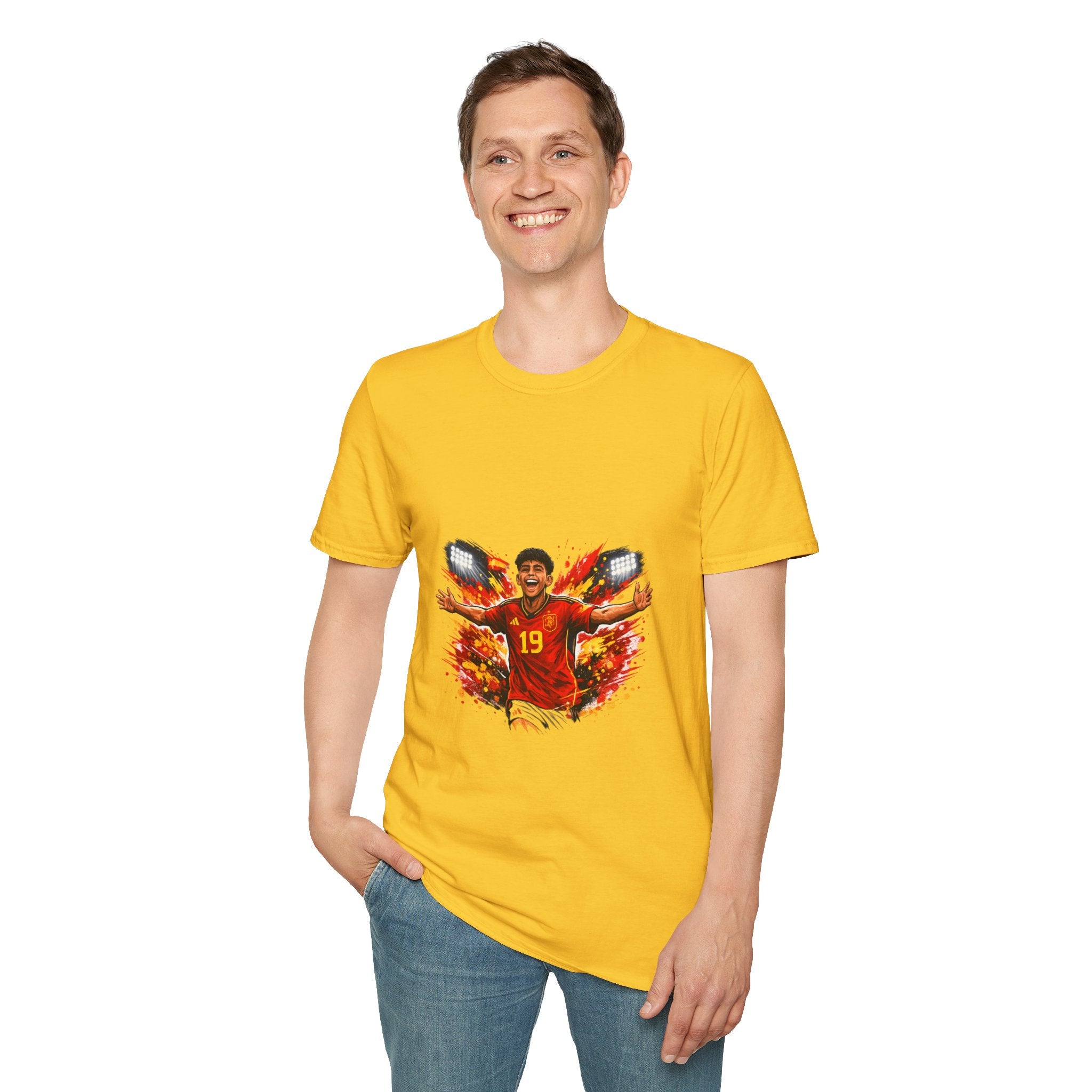 Spain Soccer Fan Portrait T‑Shirt – Fiery Goal Celebration Design