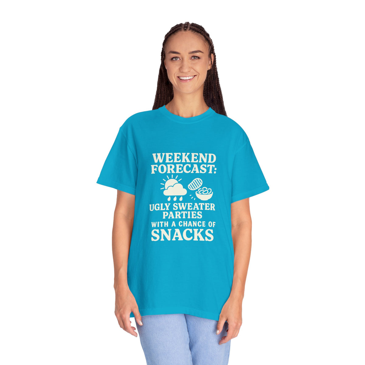 Weekend Forecast T-Shirt — "Ugly Sweater Parties with a Chan of Snacks" Holiday Tee - Trending Now - October 2026