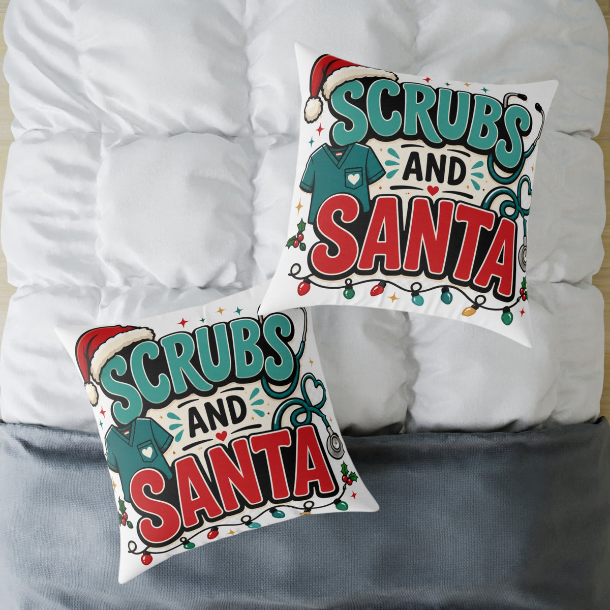 Scrubs and Santa Holiday Modern Day Christmas  Pillow — Christmas Nurse Decorative Cushion