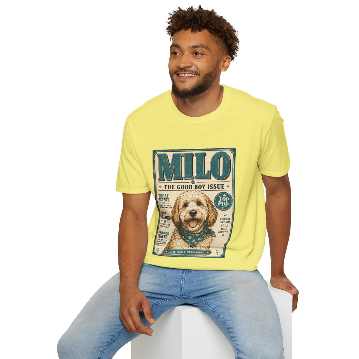Milo 'The Good Boy Issue' Dog T‑Shirt — Vintage Puppy Magazine Design