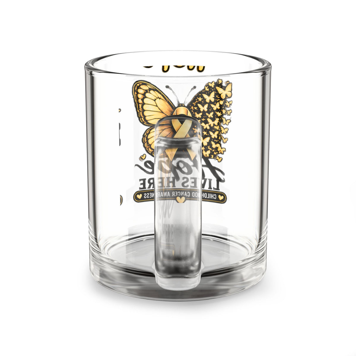 Childhood Cancer Awareness Glass Mug — “Hope Lives Here” Gold Ribbon Butterfly (10oz)