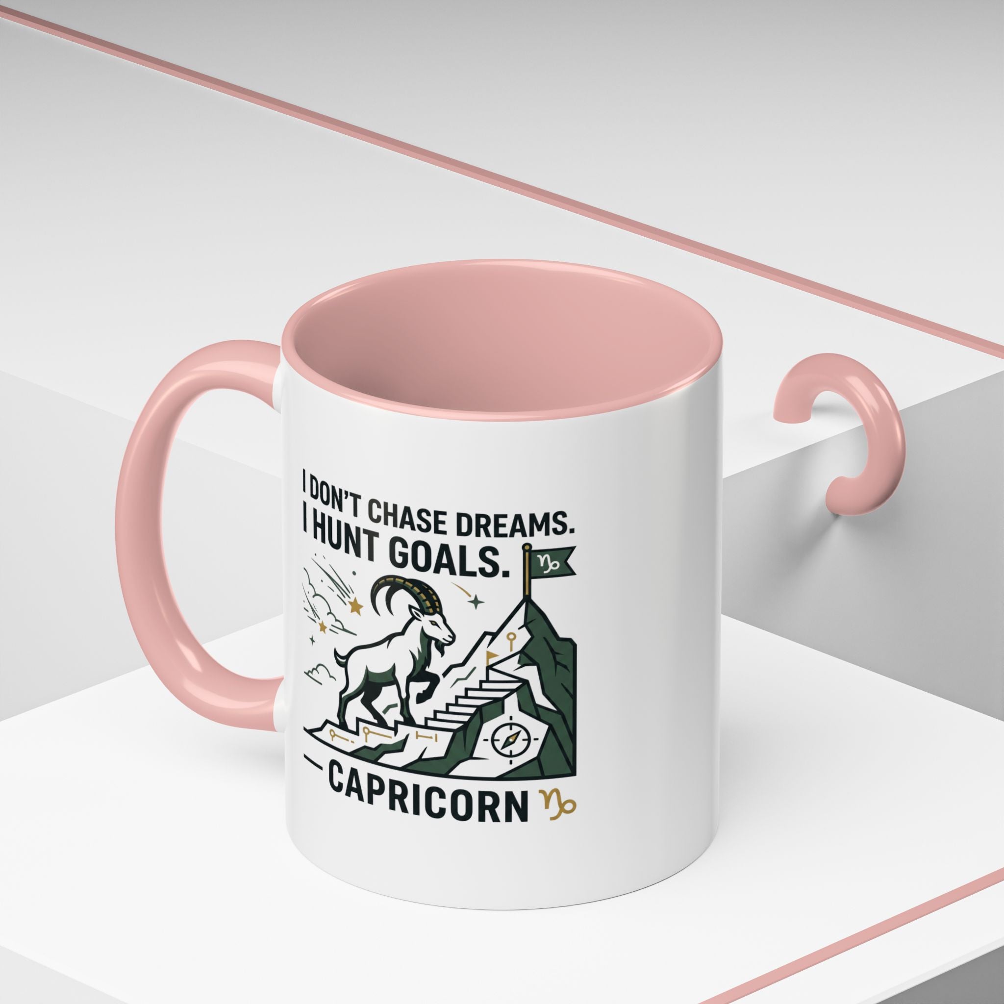 Capricorn Coffee Mug — “I Don't Chase Dreams, I Hunt Goals” Zodiac Accent Mug