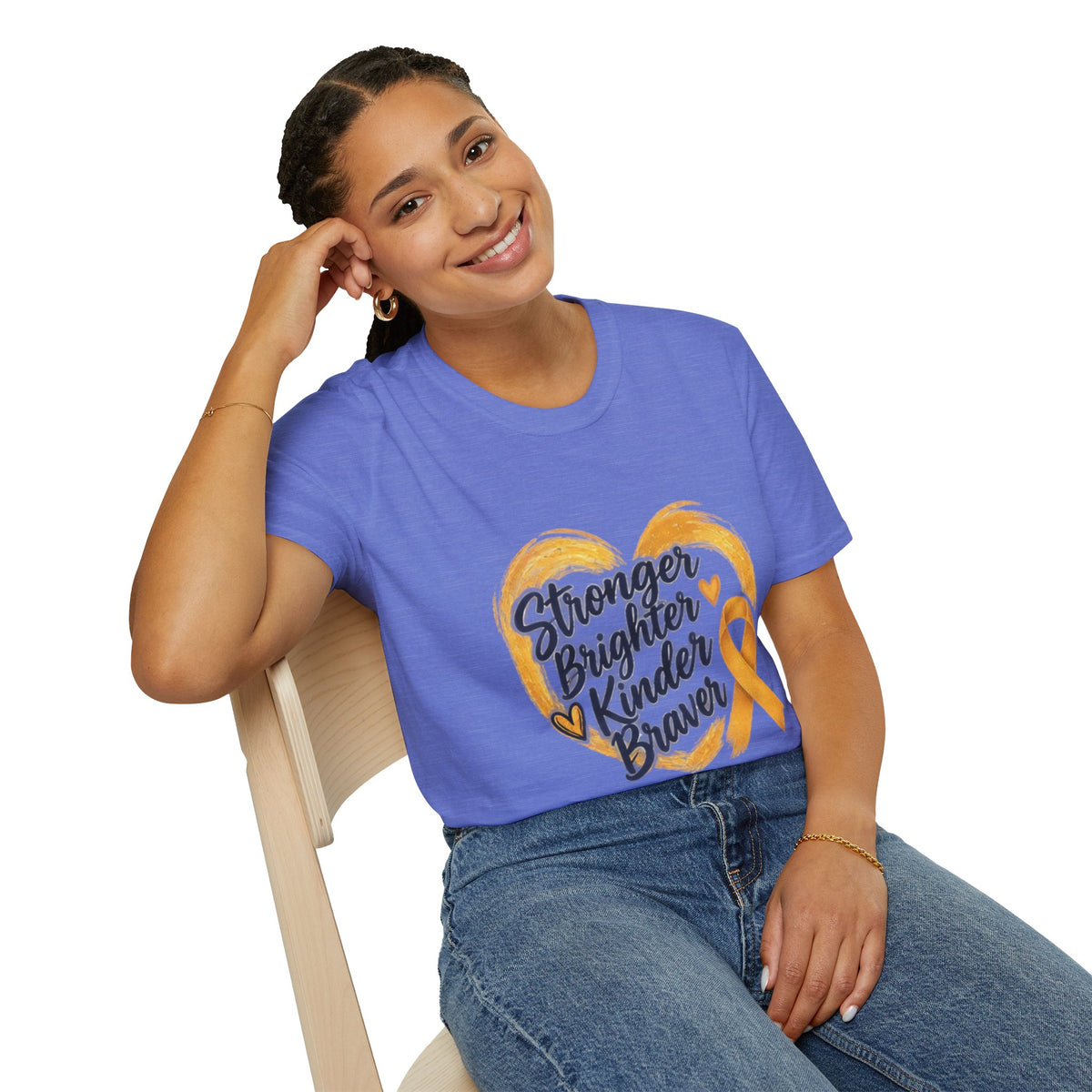 Childhood Cancer Awareness T-Shirt — "Stronger Brighter Kinder Braver" Gold Ribbon