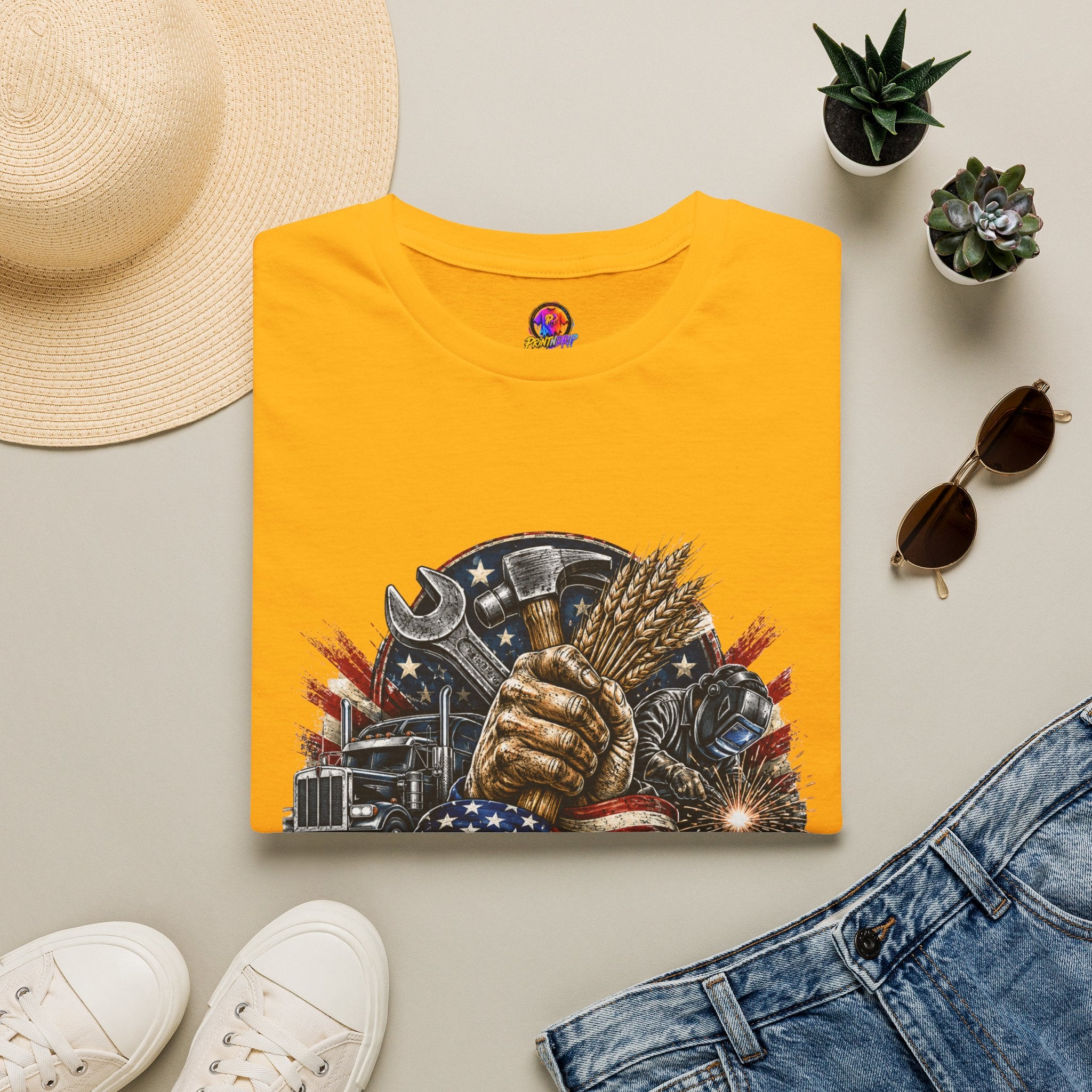 Freedom Runs on Working Hands T-Shirt — Patriotic Mechanic Tool & Wheat Design