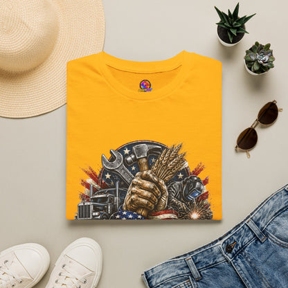 Freedom Runs on Working Hands T-Shirt — Patriotic Mechanic Tool & Wheat Design