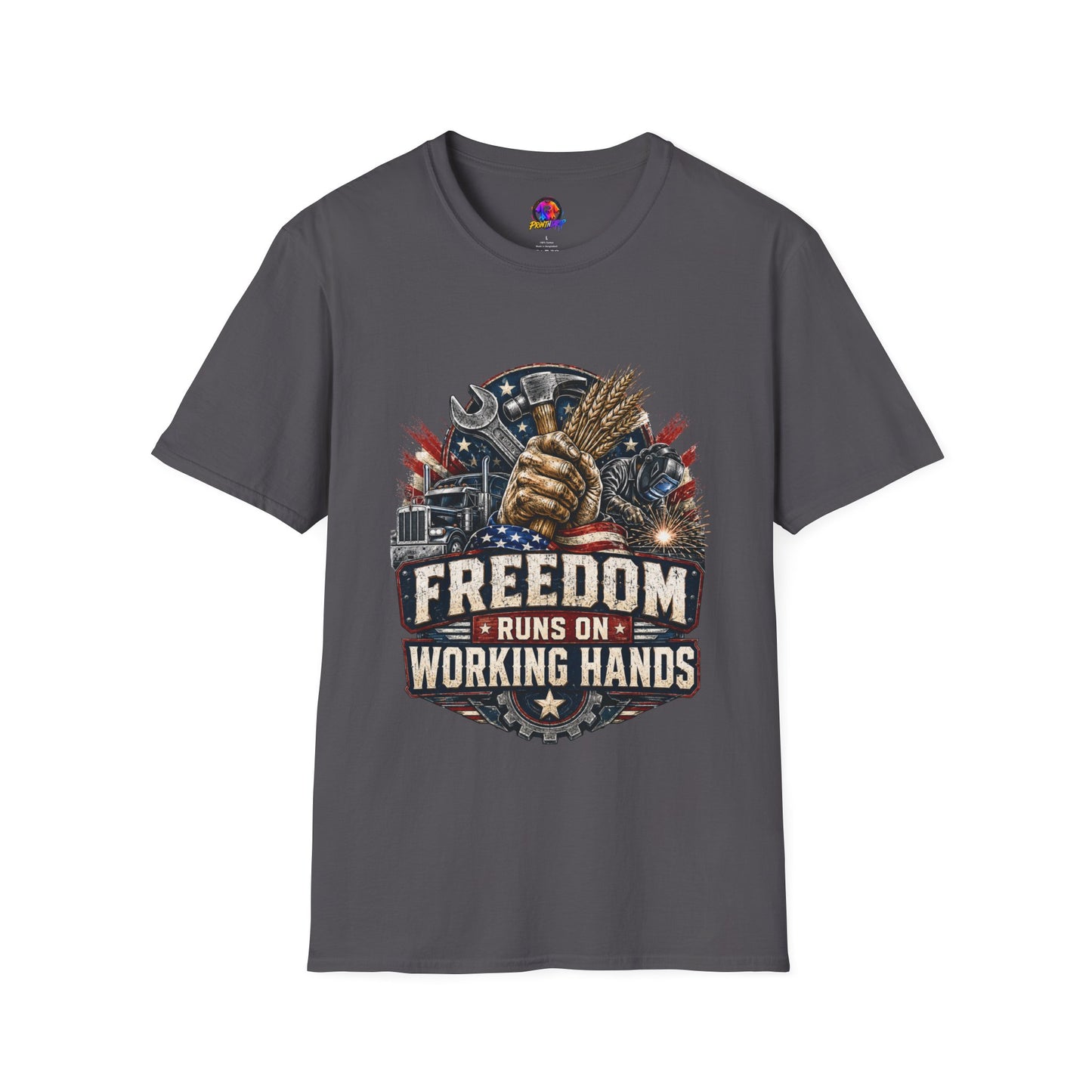 Freedom Runs on Working Hands T-Shirt — Patriotic Mechanic Tool & Wheat Design