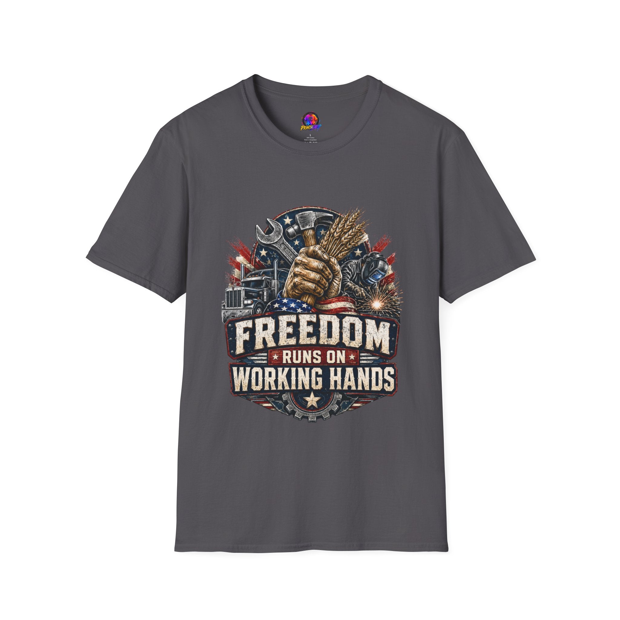 Freedom Runs on Working Hands T-Shirt — Patriotic Mechanic Tool & Wheat Design