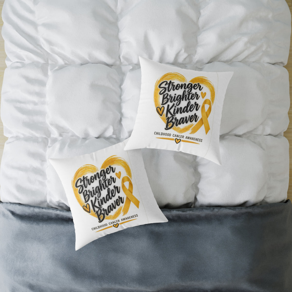 Childhood Cancer Awareness Pillow - "Stronger Brighter Kinder Braver" Gold Ribbon Square Throw Pillow