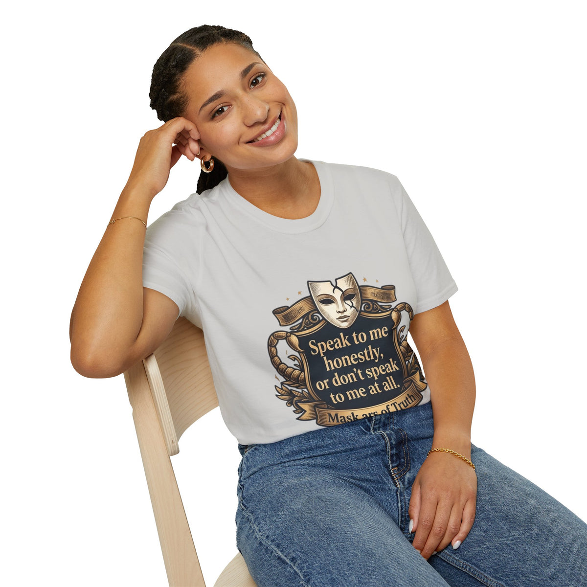 Speak to Me Mask T‑Shirt — 'Speak to me honestly...' Zodiac Scorpio Graphic Tee