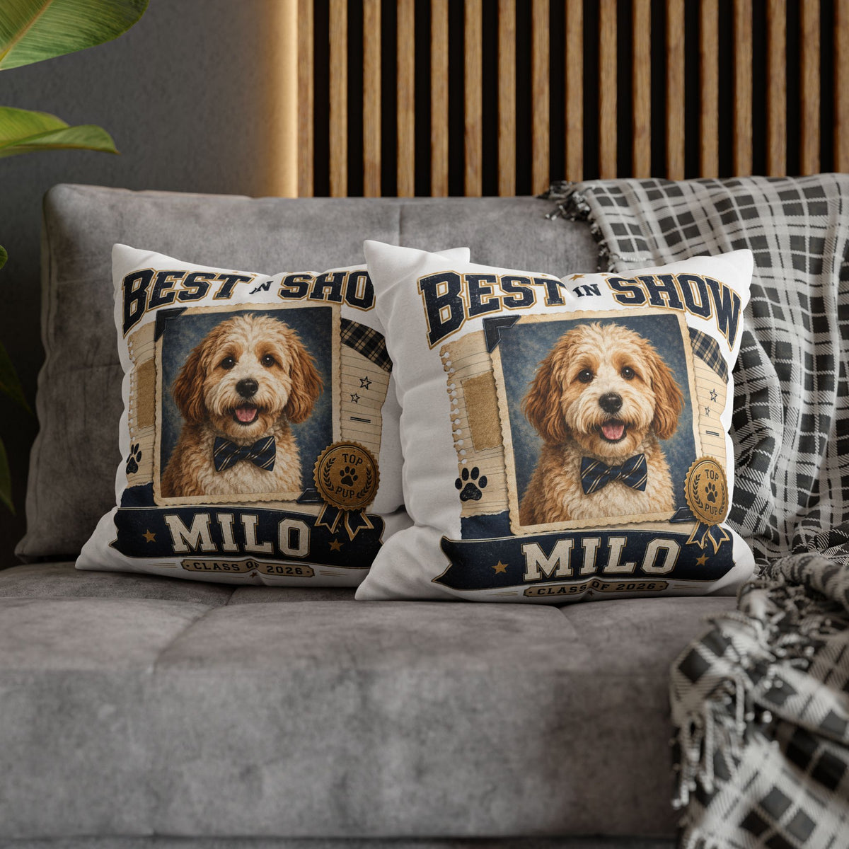Best in Show Personalized Dog Pillowcase — 'Milo' Pet Portrait Throw Pillowcase Milo Bailey Dog Dad Mom