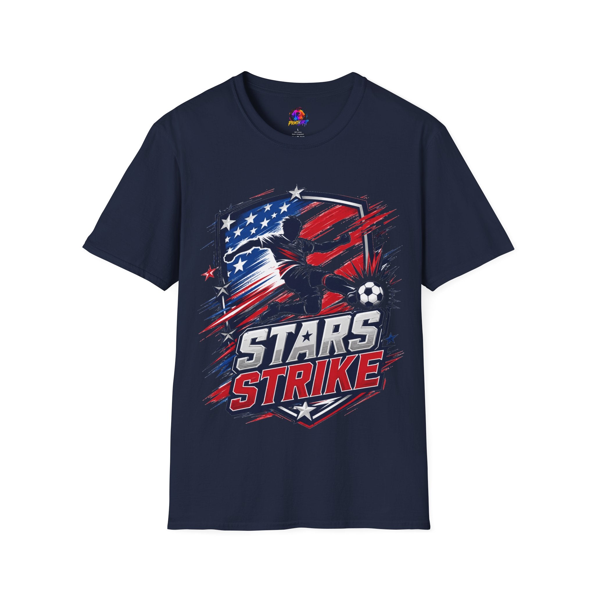 USA Soccer Stars Strike T‑Shirt — American Flag Soccer Player Graphic