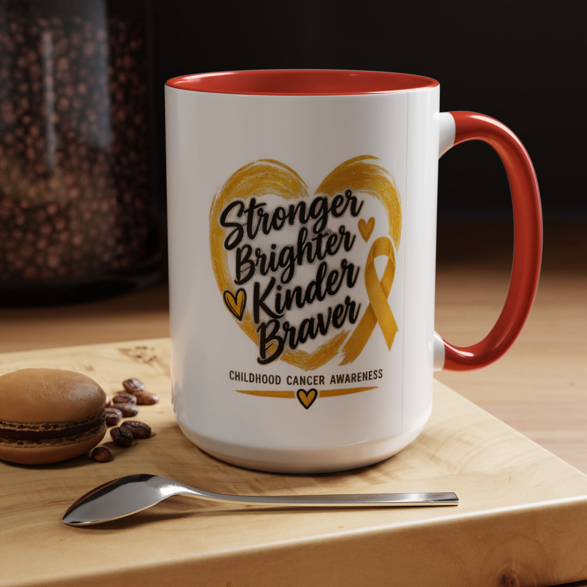 Childhood Cancer Awareness Accent Coffee Mug — "Stronger Brighter Kinder Braver"