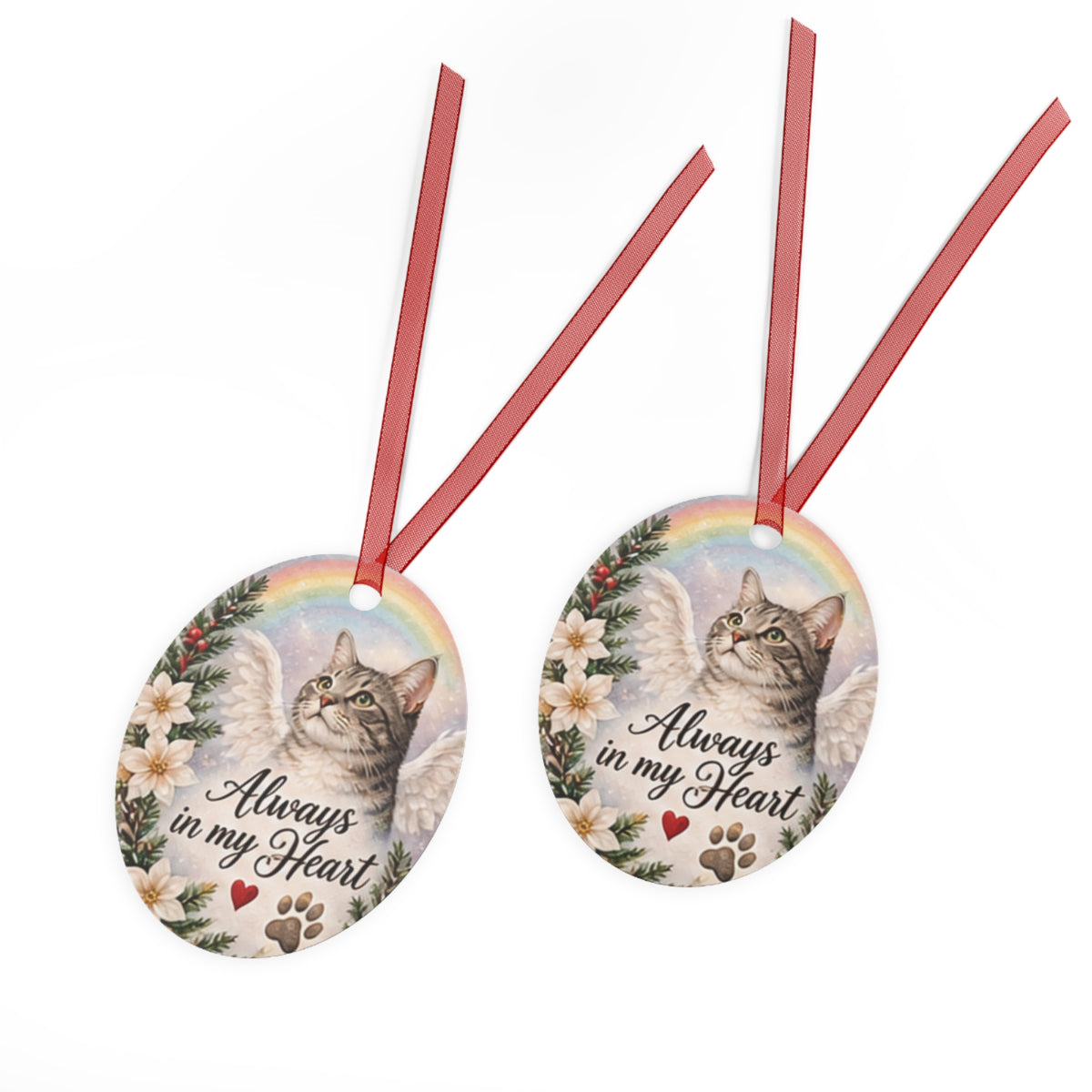Cat Memorial Metal Ornament — "Always in My Heart" Angel Cat Christmas Keepsake