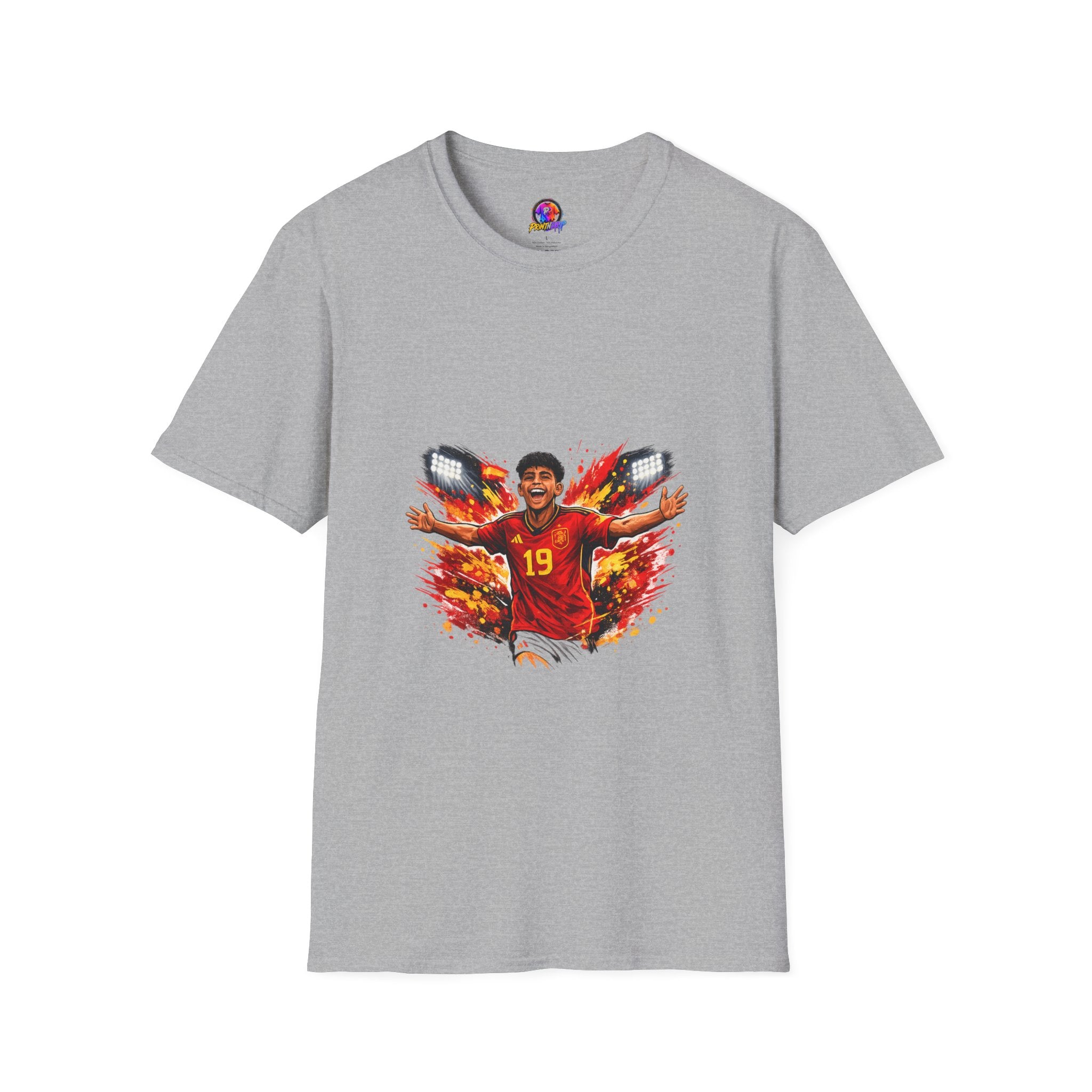 Spain Soccer Fan Portrait T‑Shirt – Fiery Goal Celebration Design