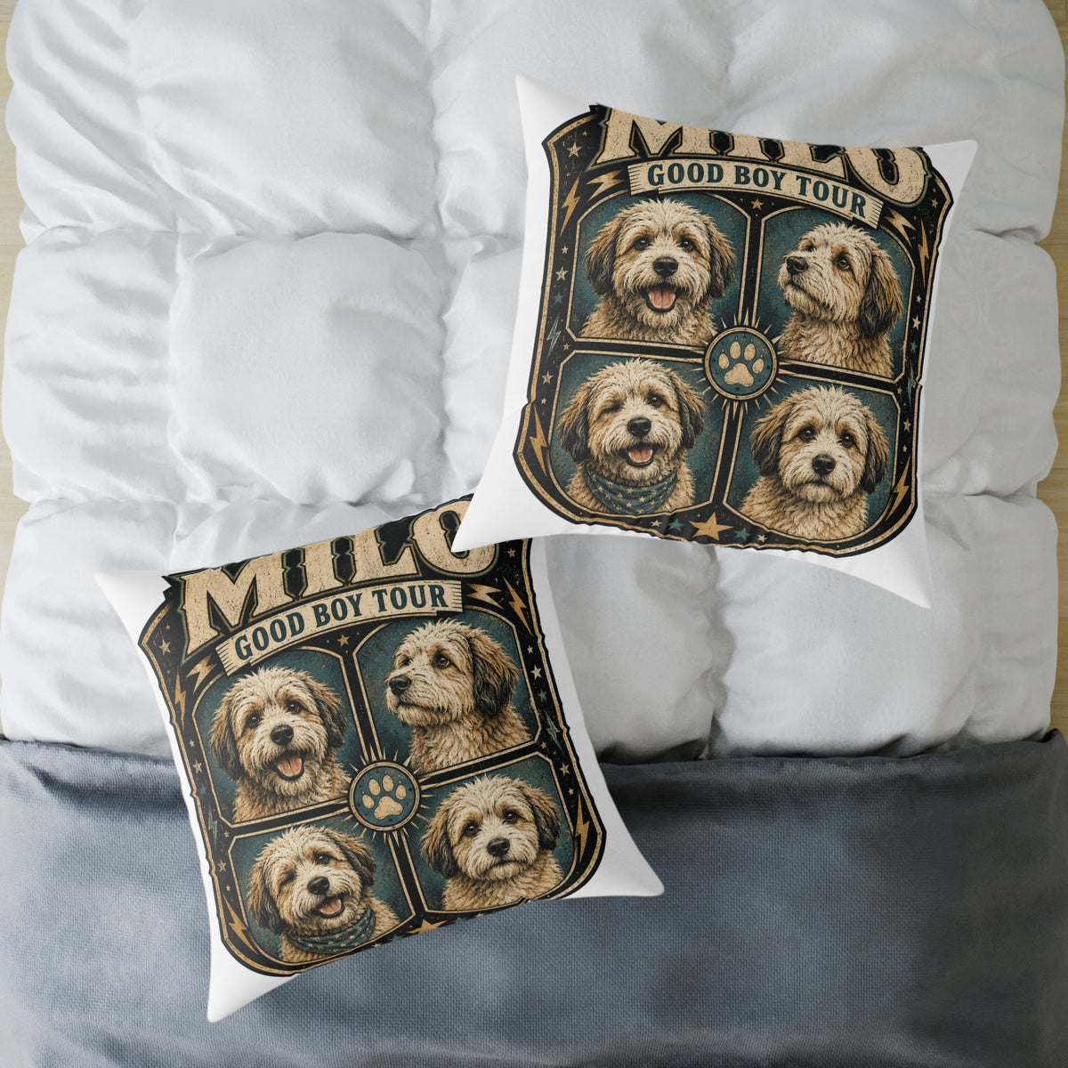 Dog Portrait Pillow - "Good Boy Tour" Vintage Puppy Square Throw Pillow  Milo Bailey Dog Dad Mom