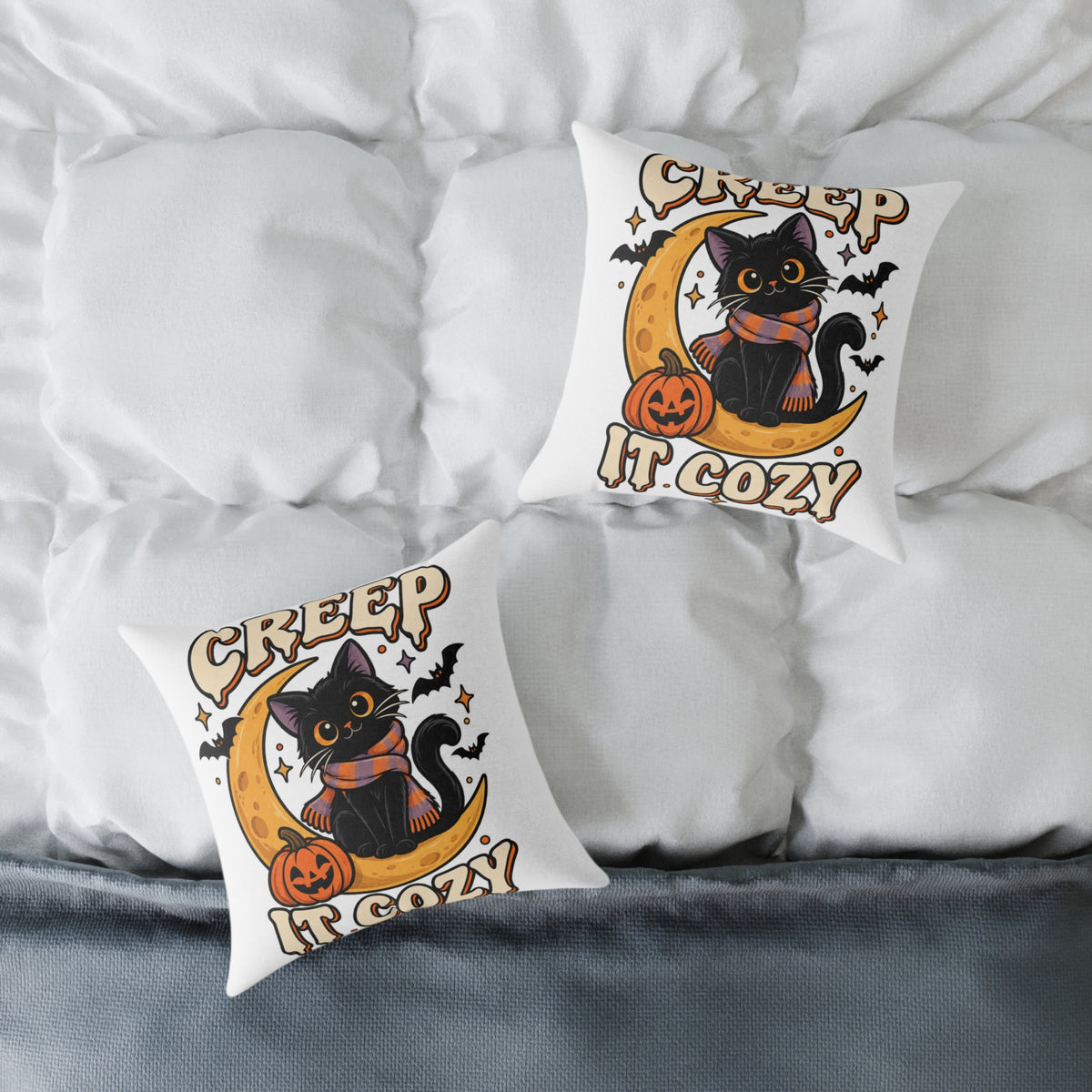 Halloween Cat Pillow — "Creep It Cozy" Decorative Square Throw Pillow