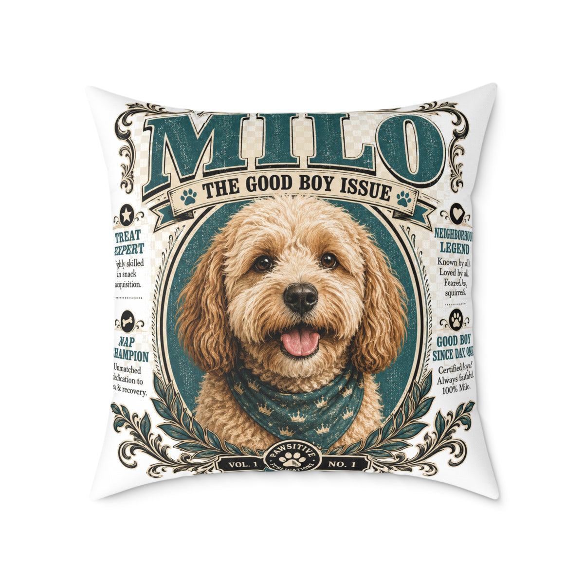 Personalized Dog Pillow - "Milo The Good Boy Issue" Decorative Pet Portrait Cushion  Milo Bailey Dog Dad Mom