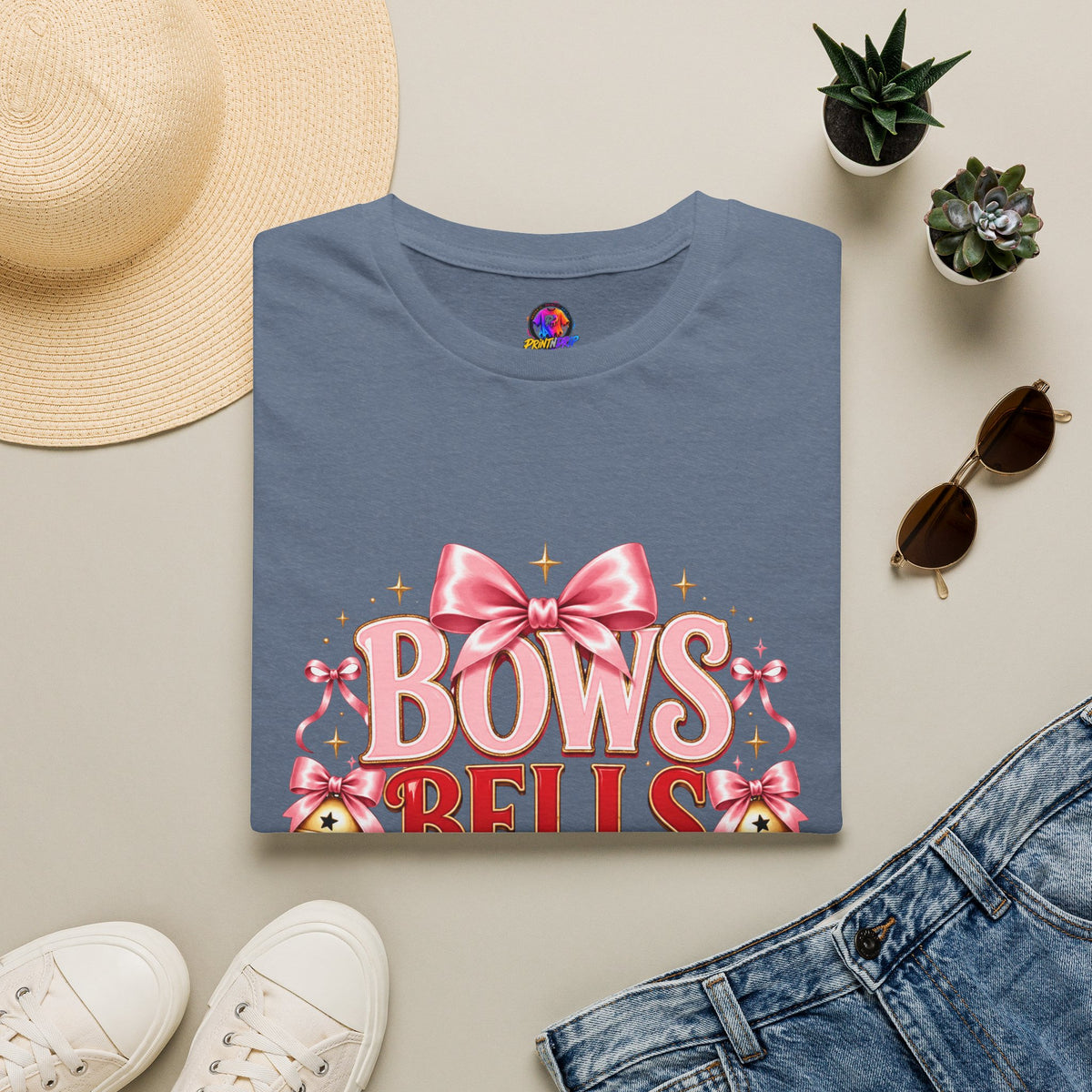 T-Shirt — "Bows Bells Bliss" Pink Holiday Graphic Tee