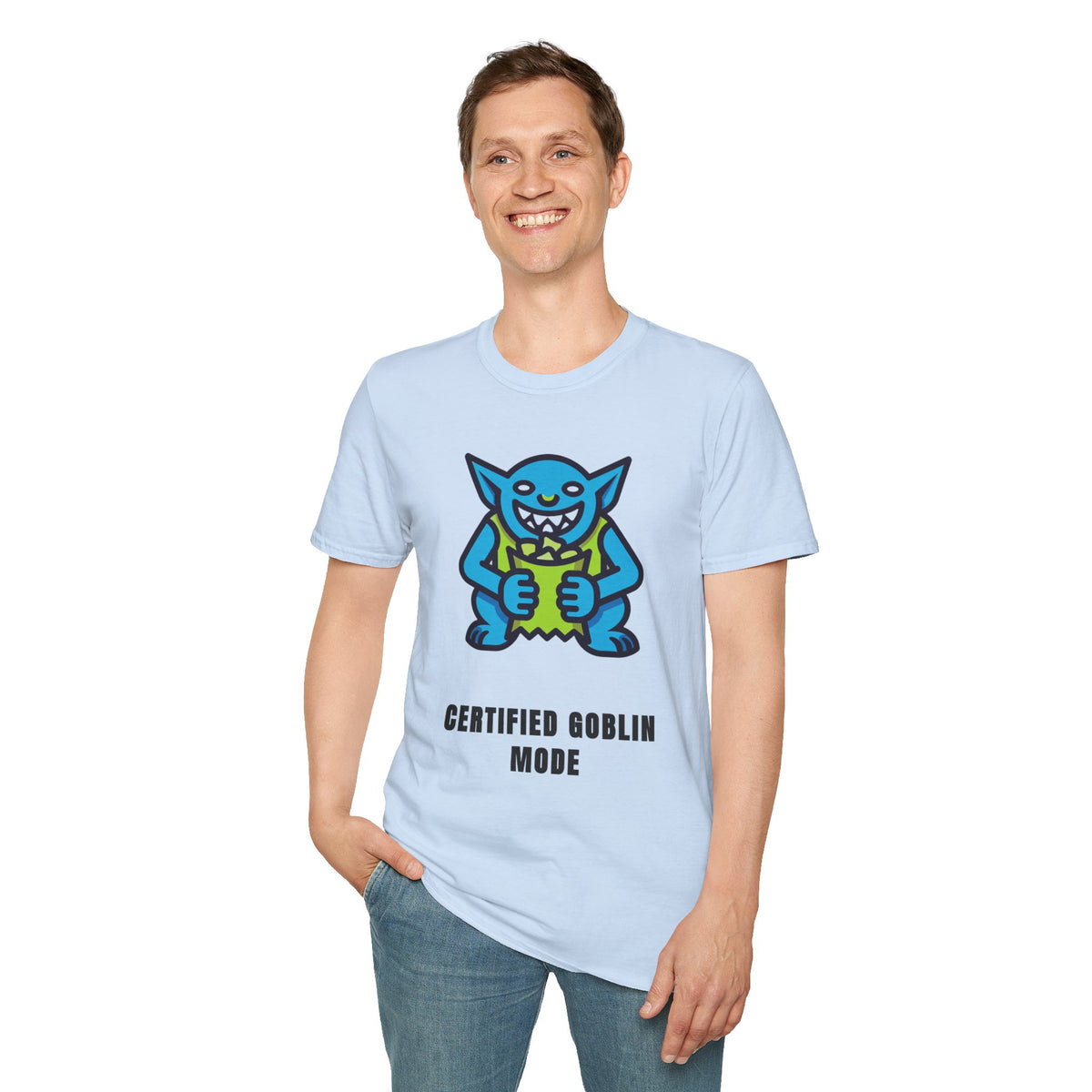 Gritty Goblin Graphic Tee - Cute Blue Goblin "Destined Goblin Mode" T-Shirt - Trending Now - September 2026