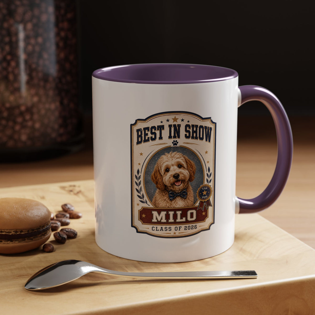 Milo Bailey Dog Dad Mom Best in Show Personalized Dog Mug — "Milo" Class of 2028 Accent Coffee Mug