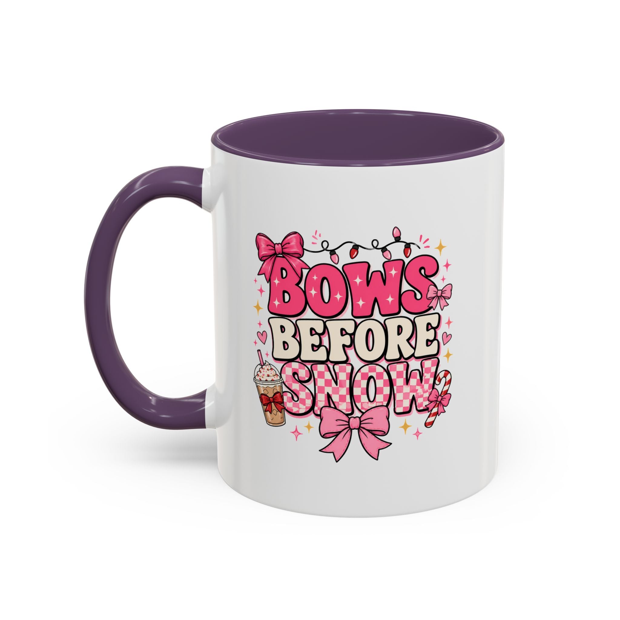 Modern Day Christmas Bows Before Snow Accent Coffee Mug — Cute Pink Holiday Hot Cocoa Design (11/15oz)