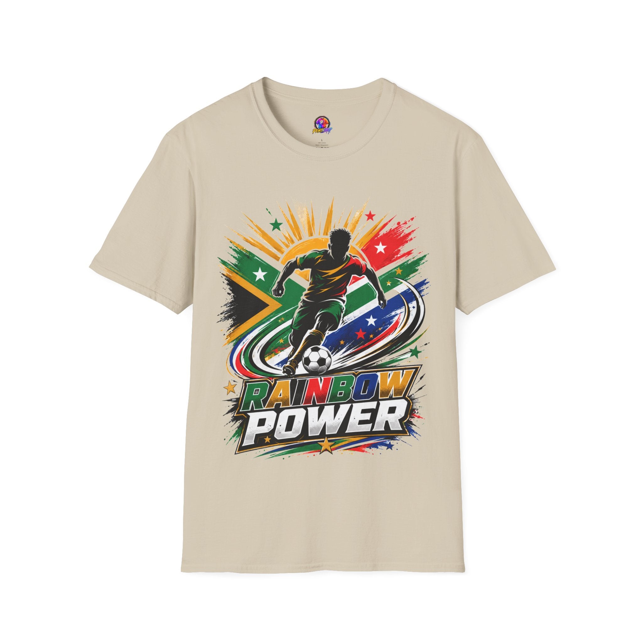 South Africa Soccer Rainbow Power T-Shirt — Colorful Football Player Graphic Tee