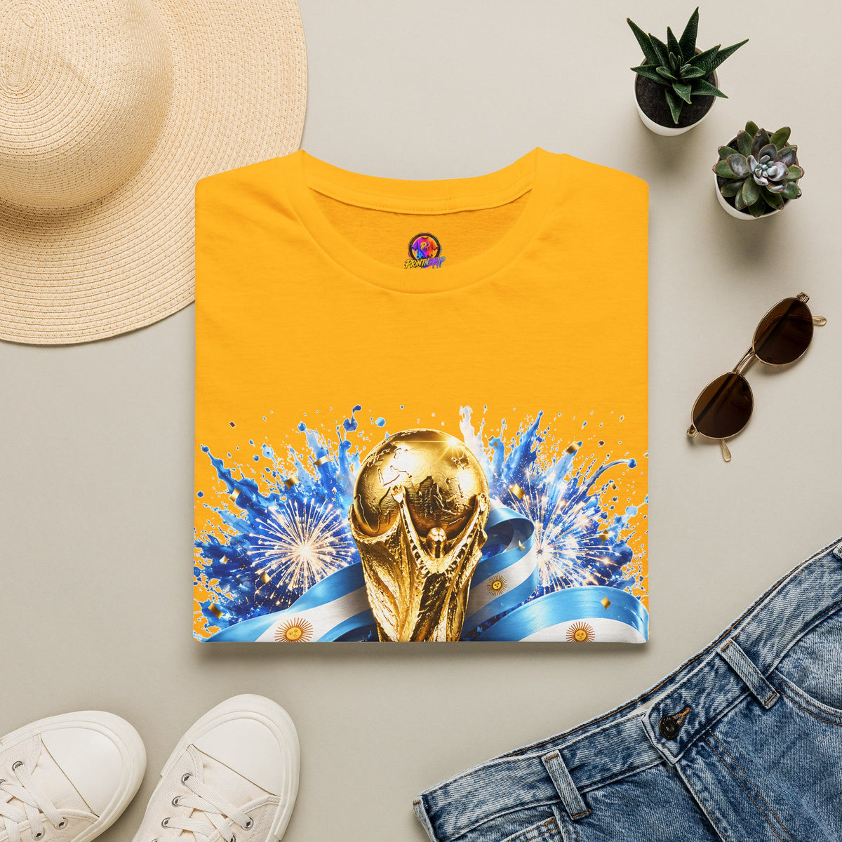 Argentina World Cup Champions T-Shirt — Gold Trophy Celebration Tee