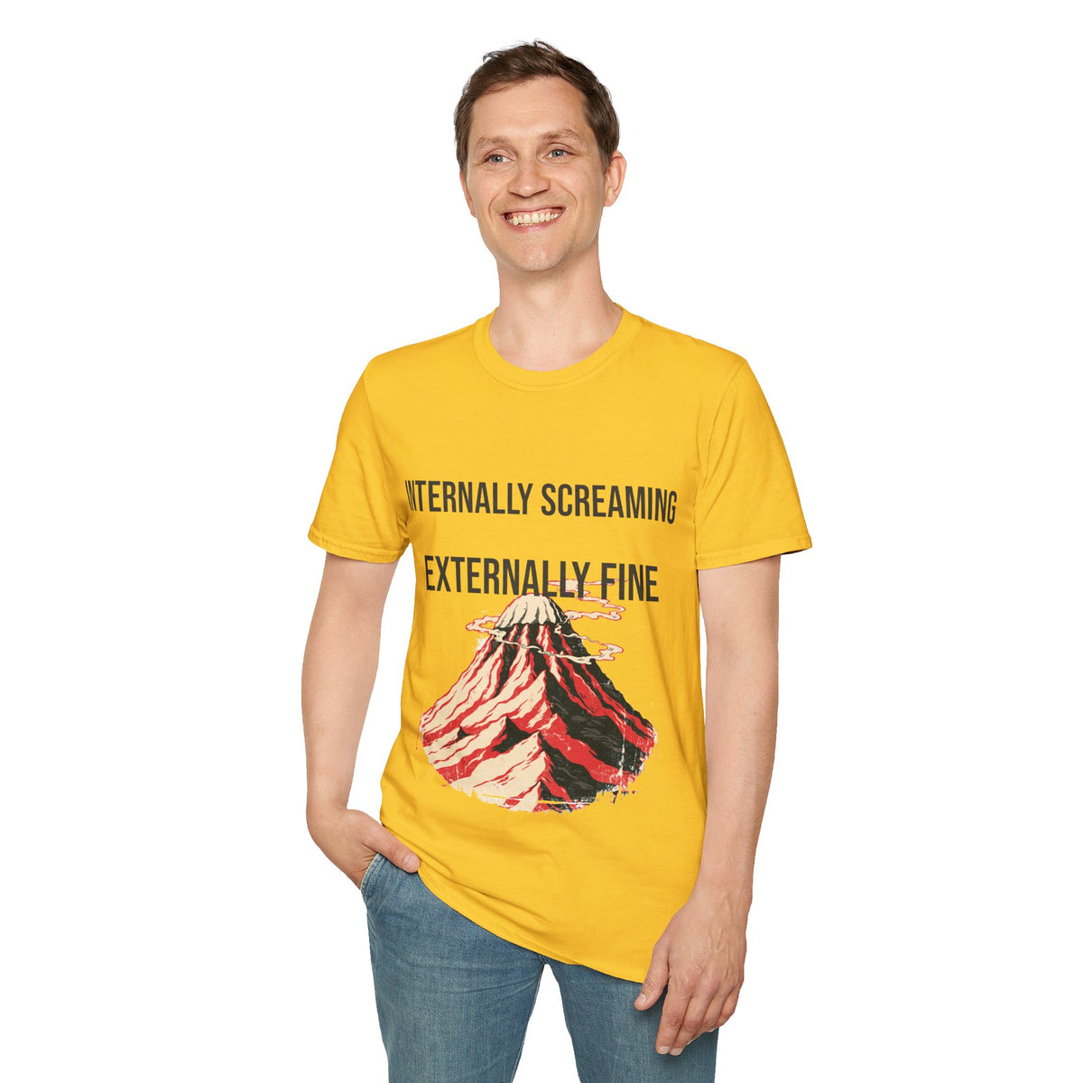 "Internally Screaming Externally Fine" Melting Volcano Tee - Funny Relatable Aesthetic White T-Shirt - Trending Now - September 2026