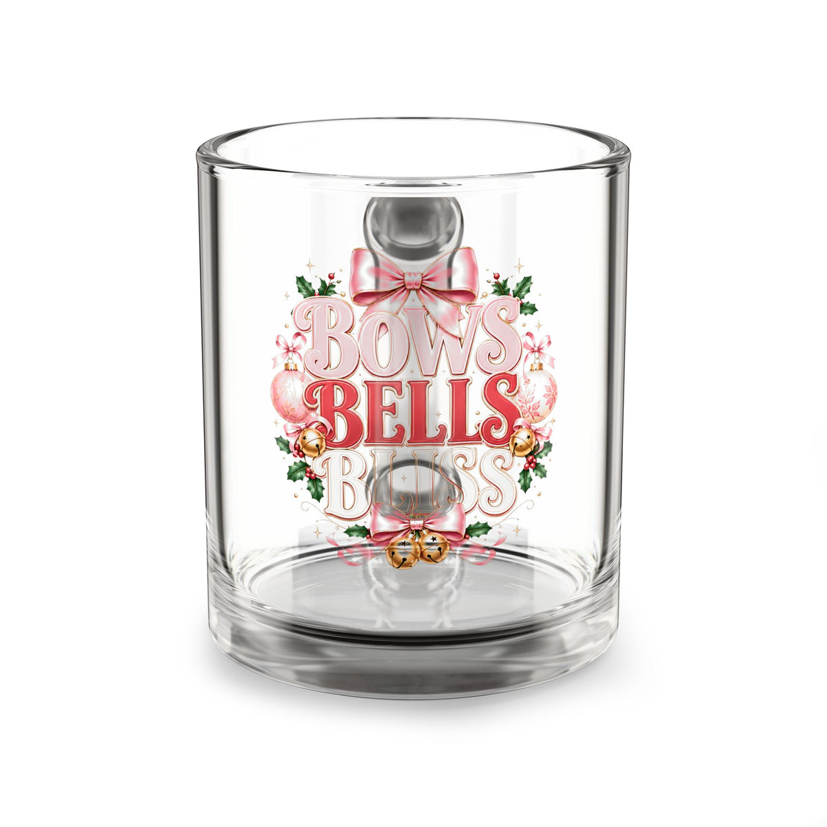Christmas Glass Mug 10 oz Glass Mug — "Bows Bells Boss" Christmas Glass Coffee Mug | Cute Festive Holiday Gift