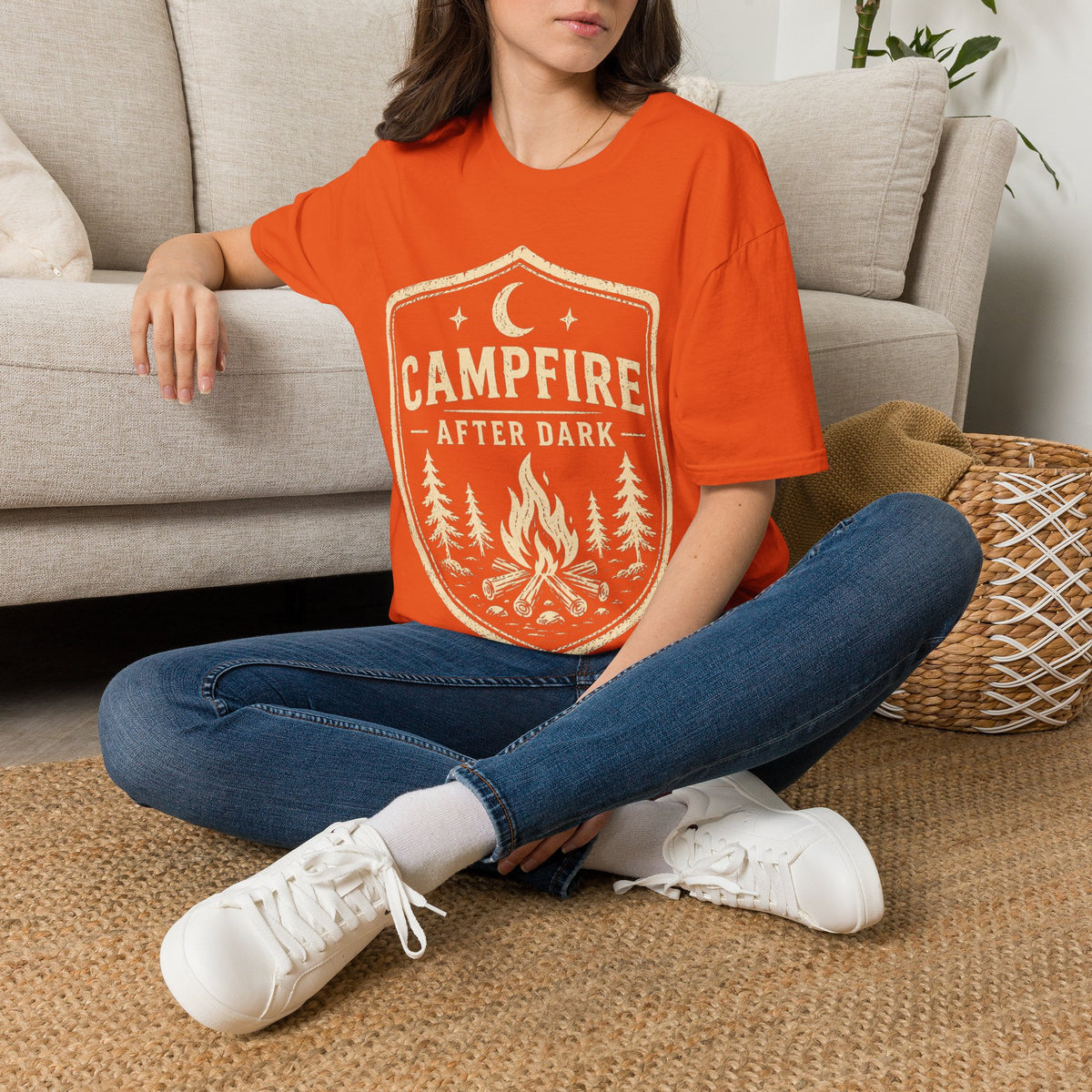 Campfire After Dark T-Shirt — Retro Camping Badge Tee for Outdoor Lovers