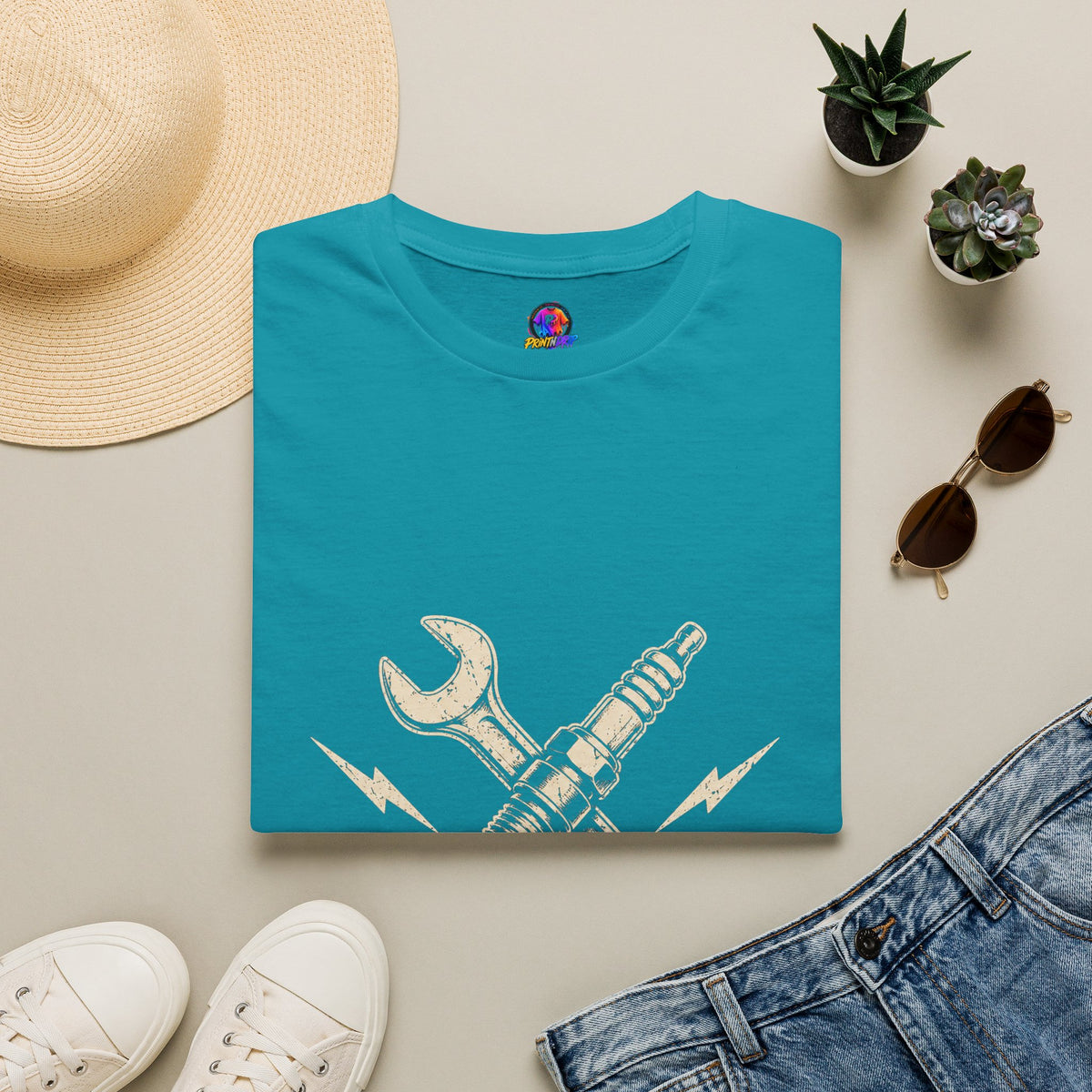Built Not Bought T-Shirt — Vintage Mechanic Spark Plug & Wrench Tee for DIY Car Enthusiasts