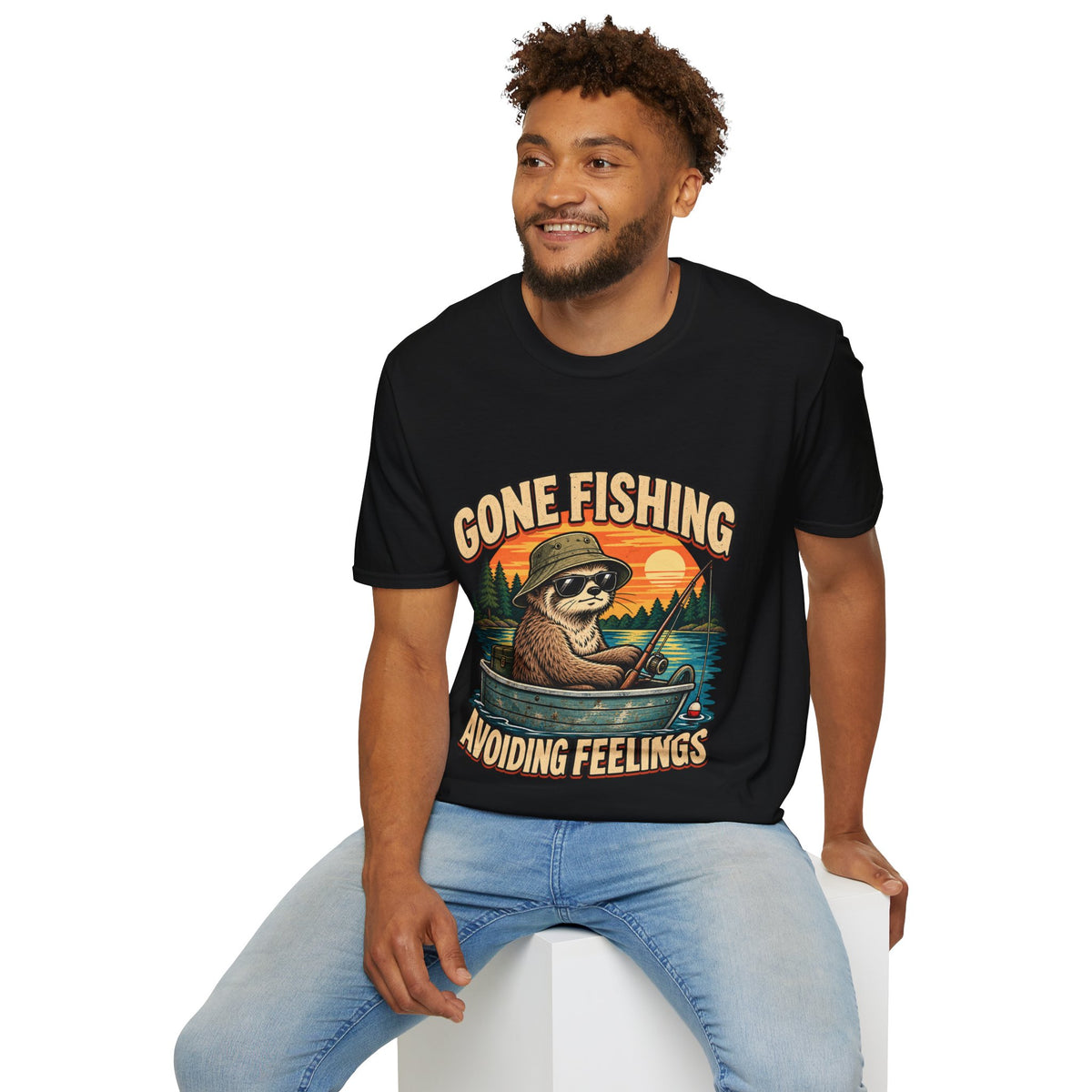 Funny And Witty T-Shirt — “Gone Fishing, Avoiding Feelings” Sloth Fishing Graphic Tee