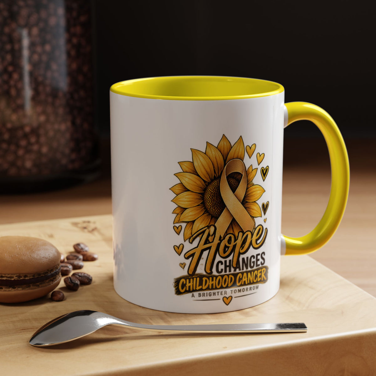 Hope Changes Childhood Cancer Mug – Gold Ribbon Sunflower Accent Coffee Cup (11/15oz)