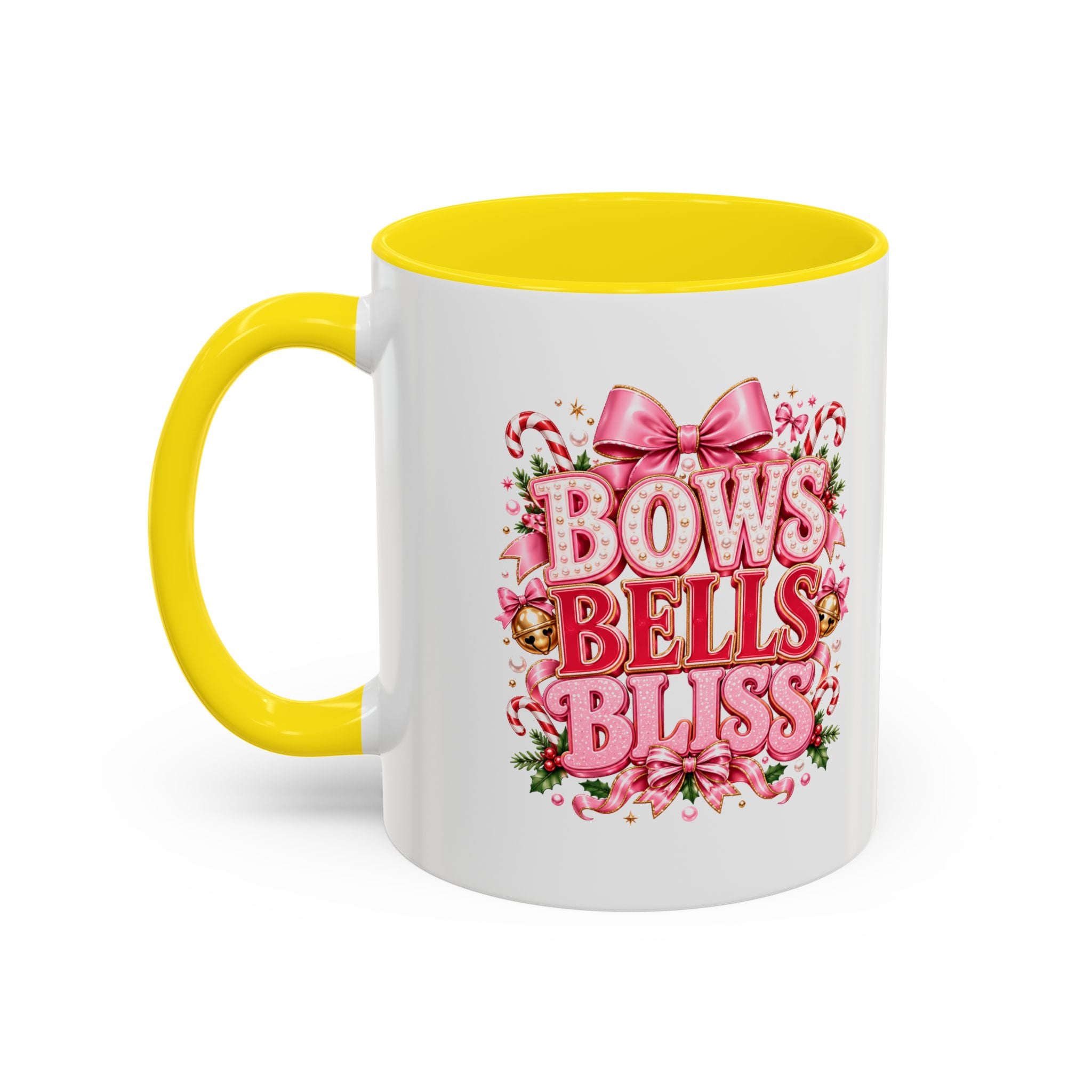 Modern Day Christmas Bows Bells Bliss Coffee Mug — Pink Holiday Accent Mug