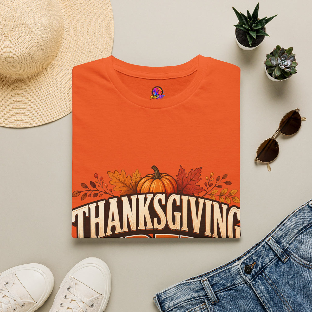 Thanksgiving T-Shirt Crew T-Shirt— Festive Pumpkin & Fall Leaves Holiday Tee
