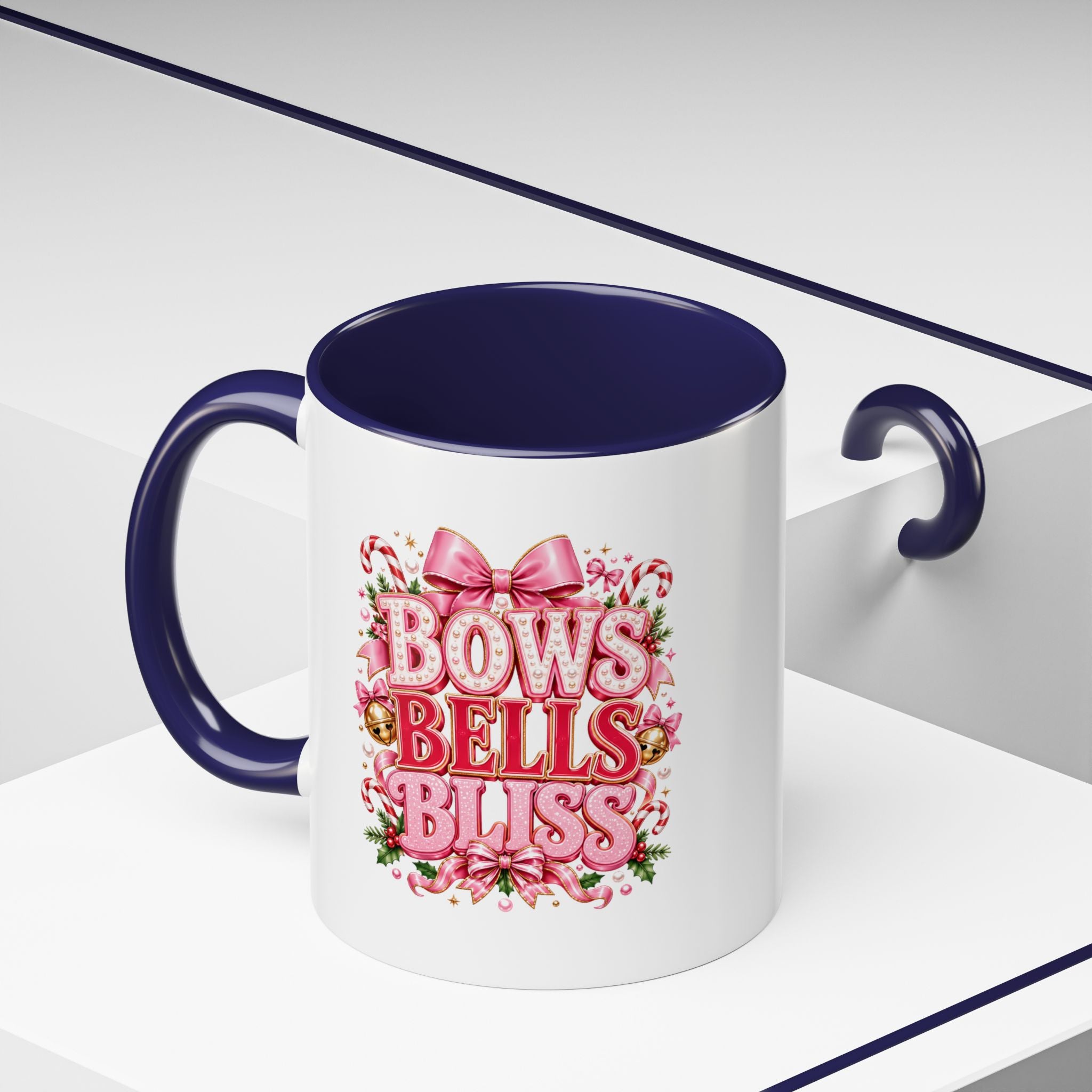 Modern Day Christmas Bows Bells Bliss Coffee Mug — Pink Holiday Accent Mug