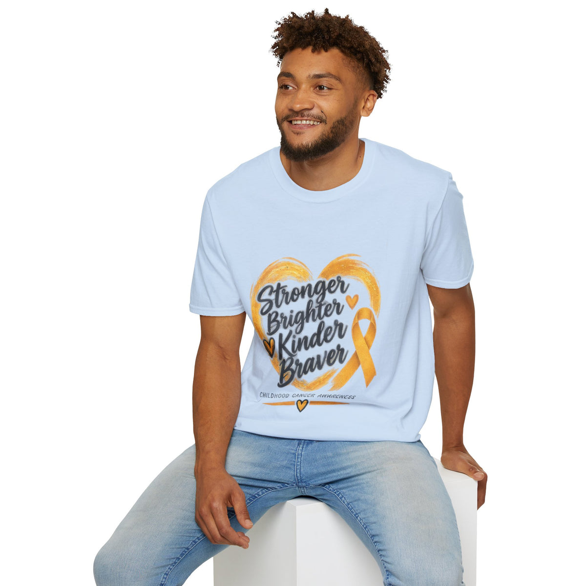 Childhood Cancer Awareness T-Shirt — "Stronger Brighter Kinder Braver" Gold Ribbon