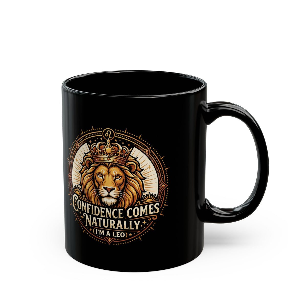 Leo Zodiac Lion Crest Coffee Mug — "Confidence Comes Naturally" Black