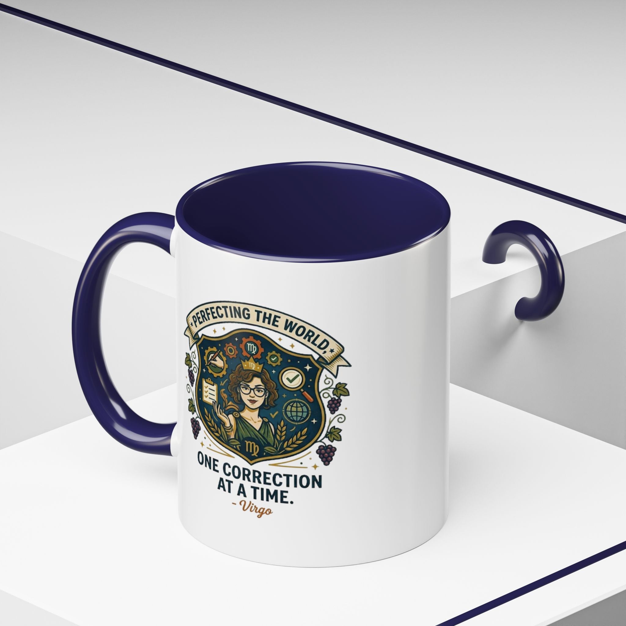 Virgo Coffee Mug — "Perfecting the World: One Correction at a Time" Accent Astrology Gift
