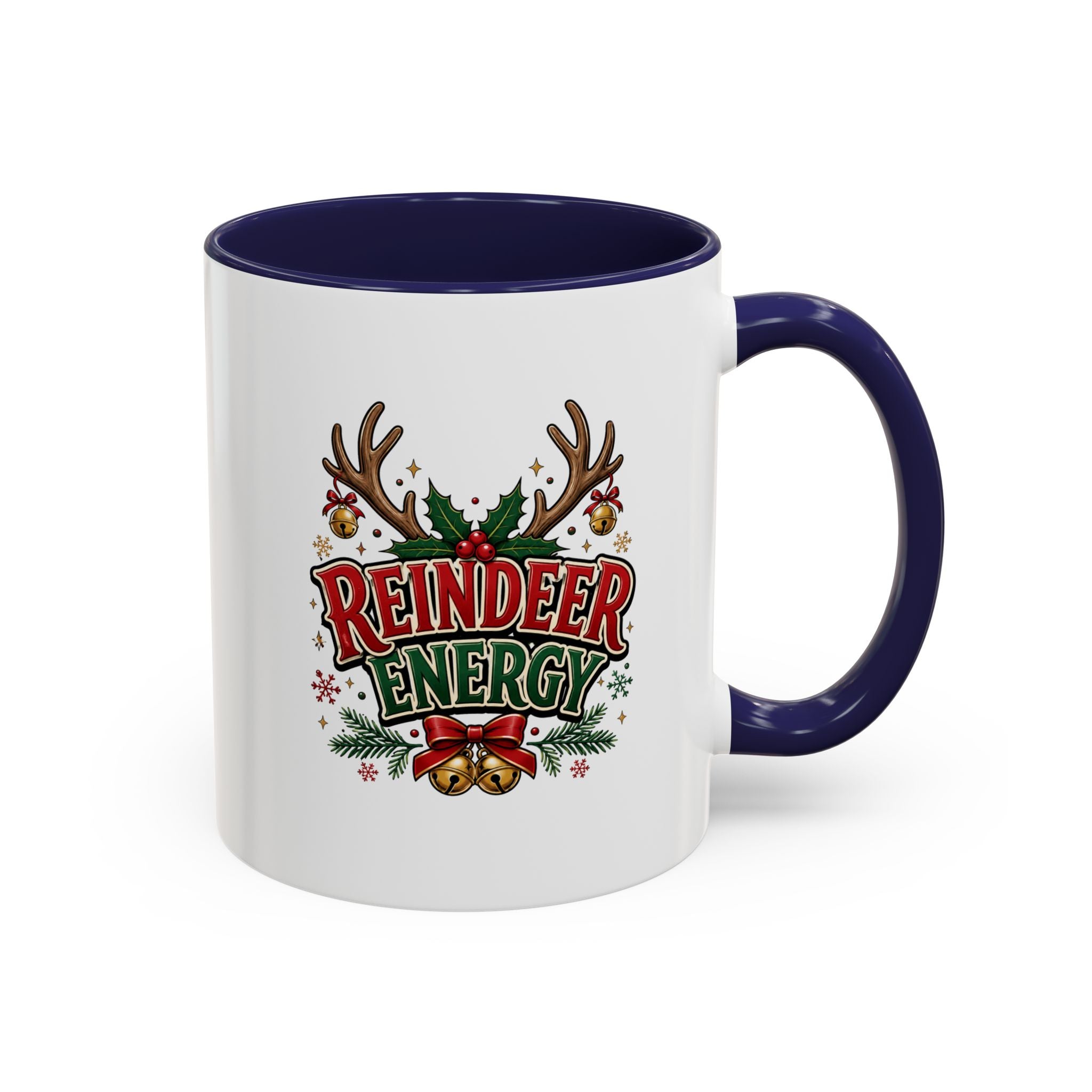 Reindeer Energy Coffee Mug – Holiday Christmas Antlers & Bells Accent Mug
