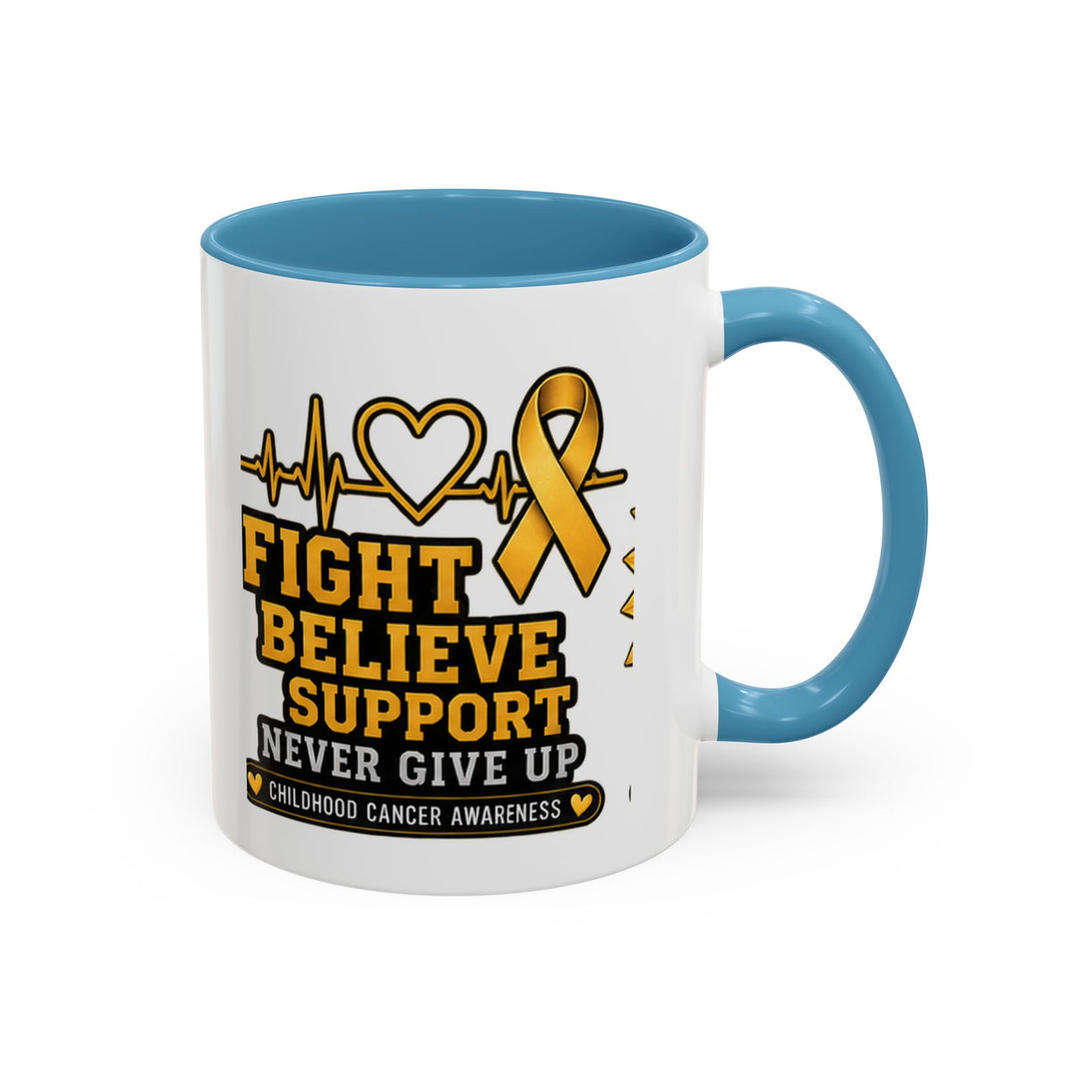 Childhood Cancer Awareness Accent Coffee Mug — "Fight Believe Support" 11/15oz