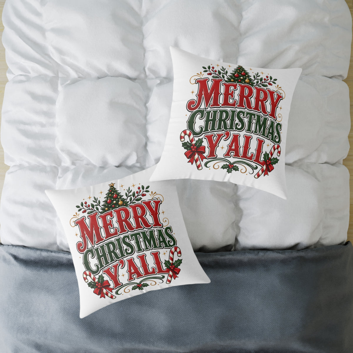 Merry Christmas Y'all Pillow — Festive Holiday Square Throw Pillow