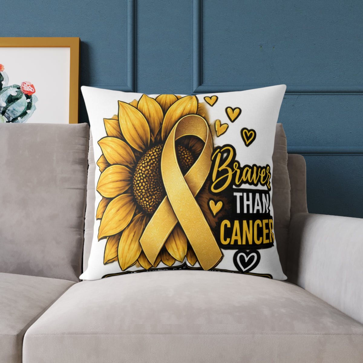 Sunflower Gold Ribbon Pillow —Childhood Cancer  'Braver Than Cancer' Awareness Throw Pillow