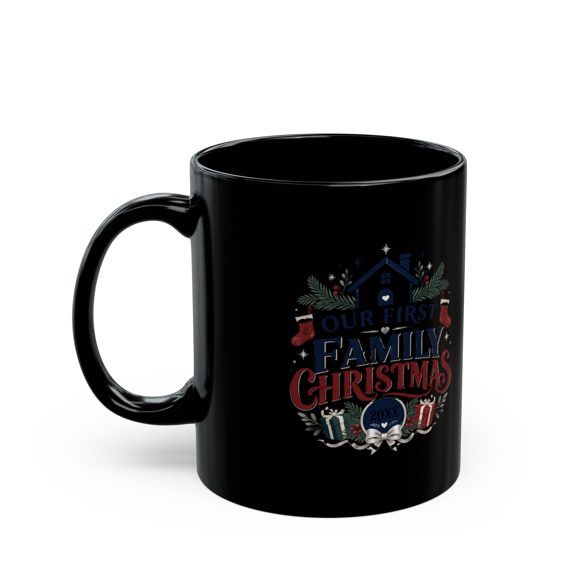 Christmas Family First Holiday Mug — “Our First Family Christmas” Black Coffee Cup
